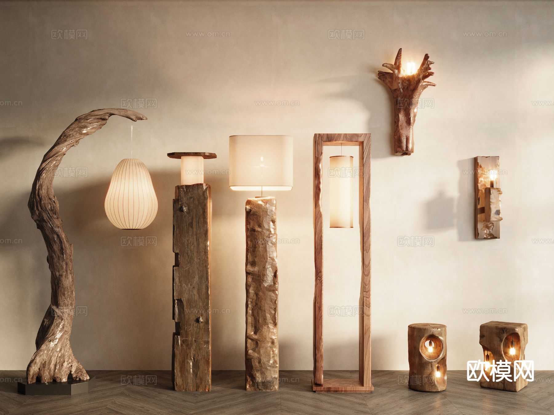 原木风壁灯 树桩落地灯su模型下载（渲染图2）