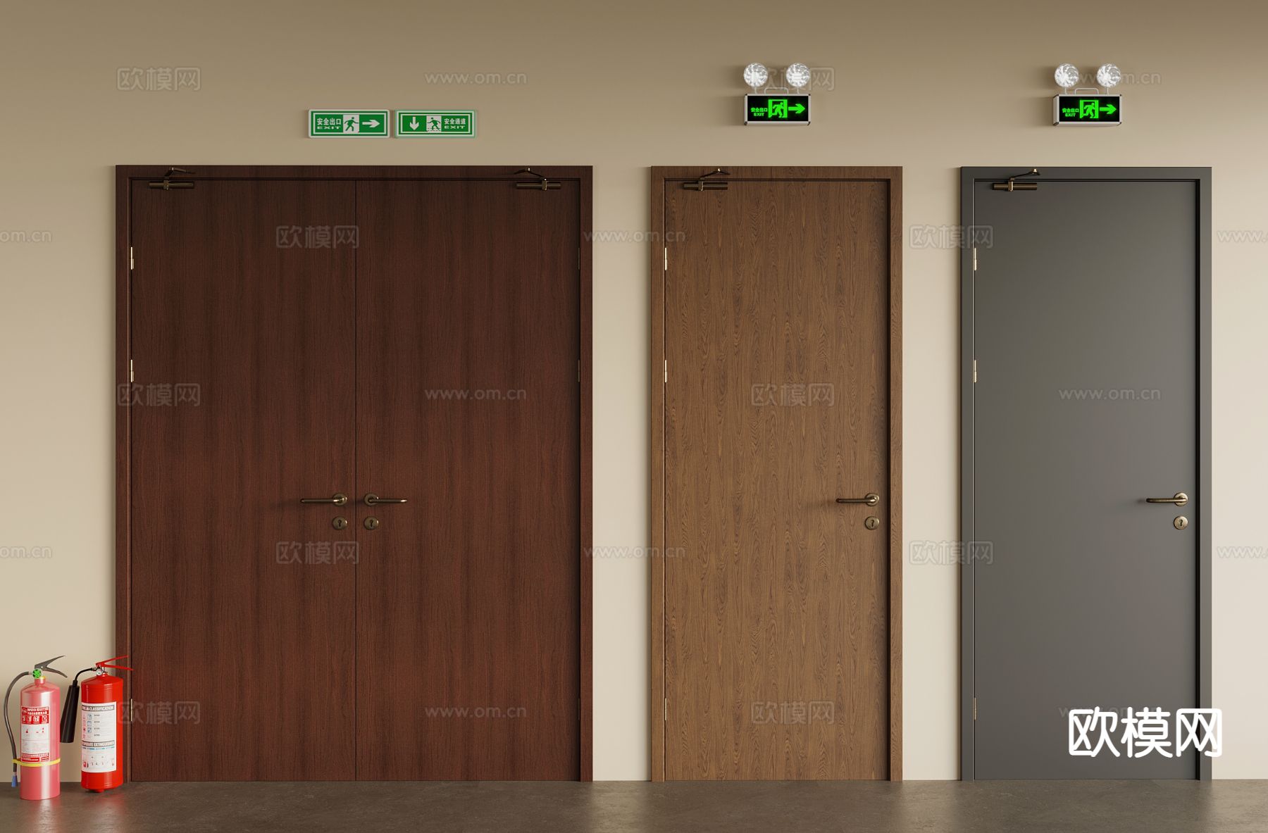 中古风消防门 防火门 消防器材 应急灯su模型下载（渲染图2）