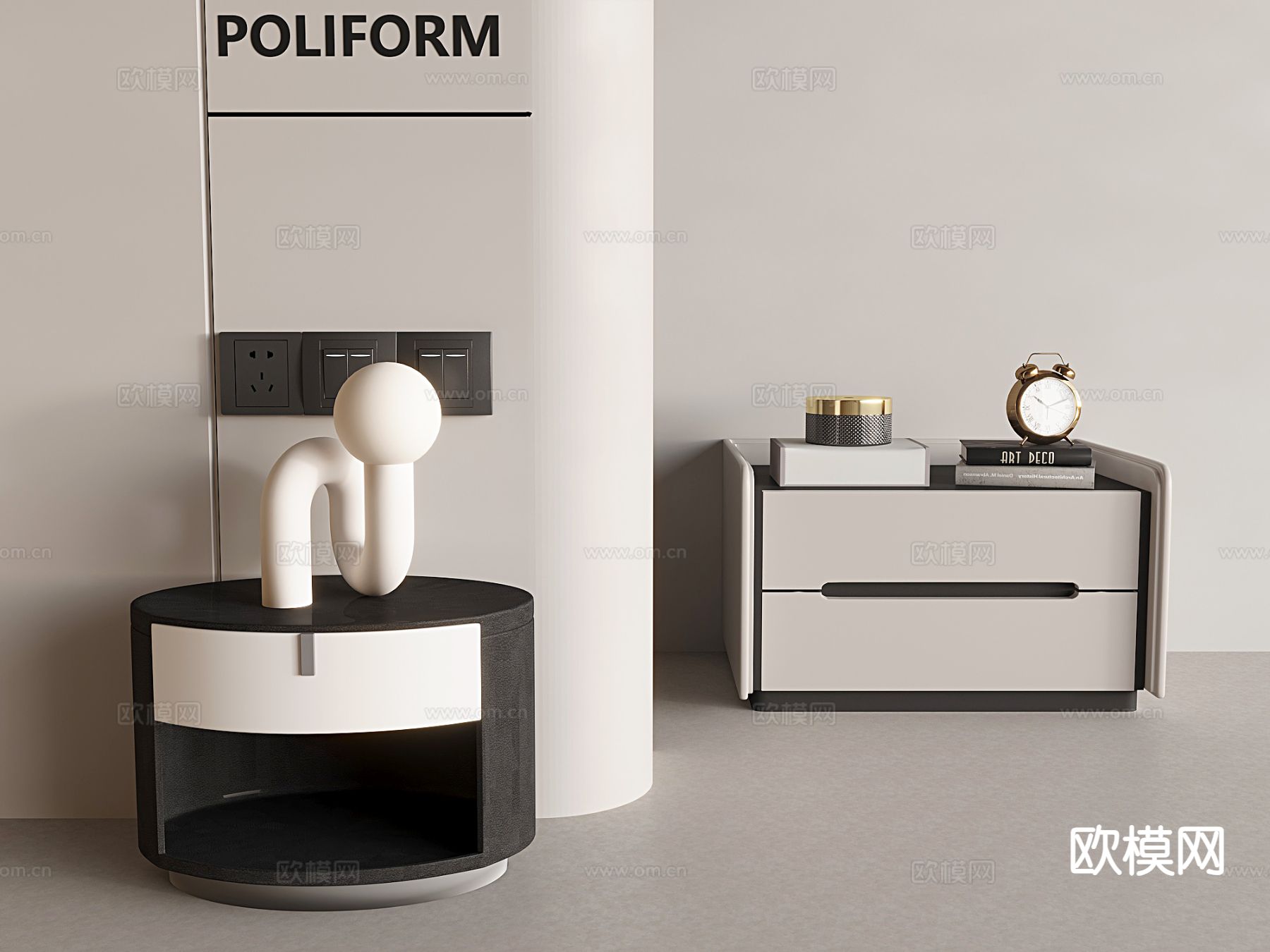 奶油风床头柜su模型下载（渲染图2）