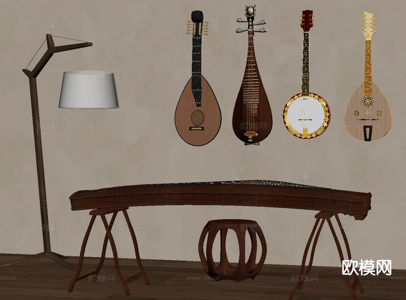 新中式古筝 琵琶su模型下载（渲染图1）