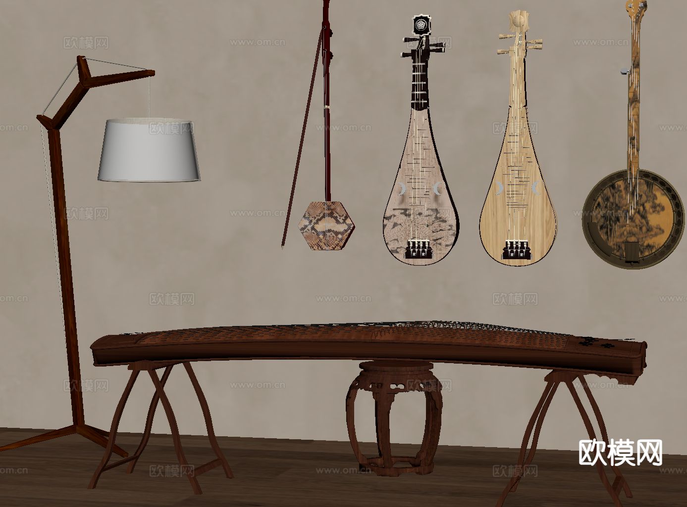 新中式古筝 琵琶 二胡su模型下载（渲染图1）