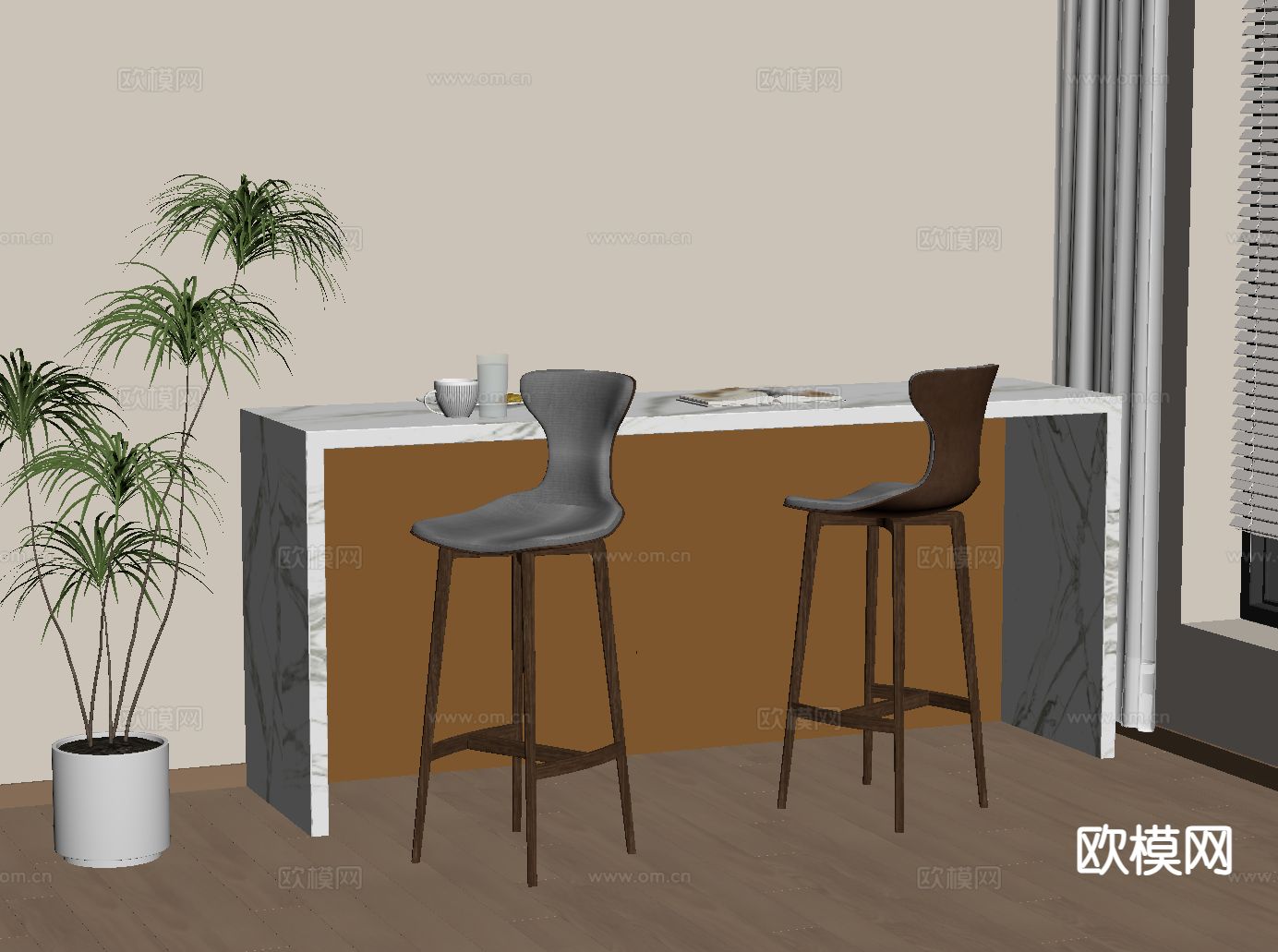 现代吧台 吧椅su模型下载（渲染图1）