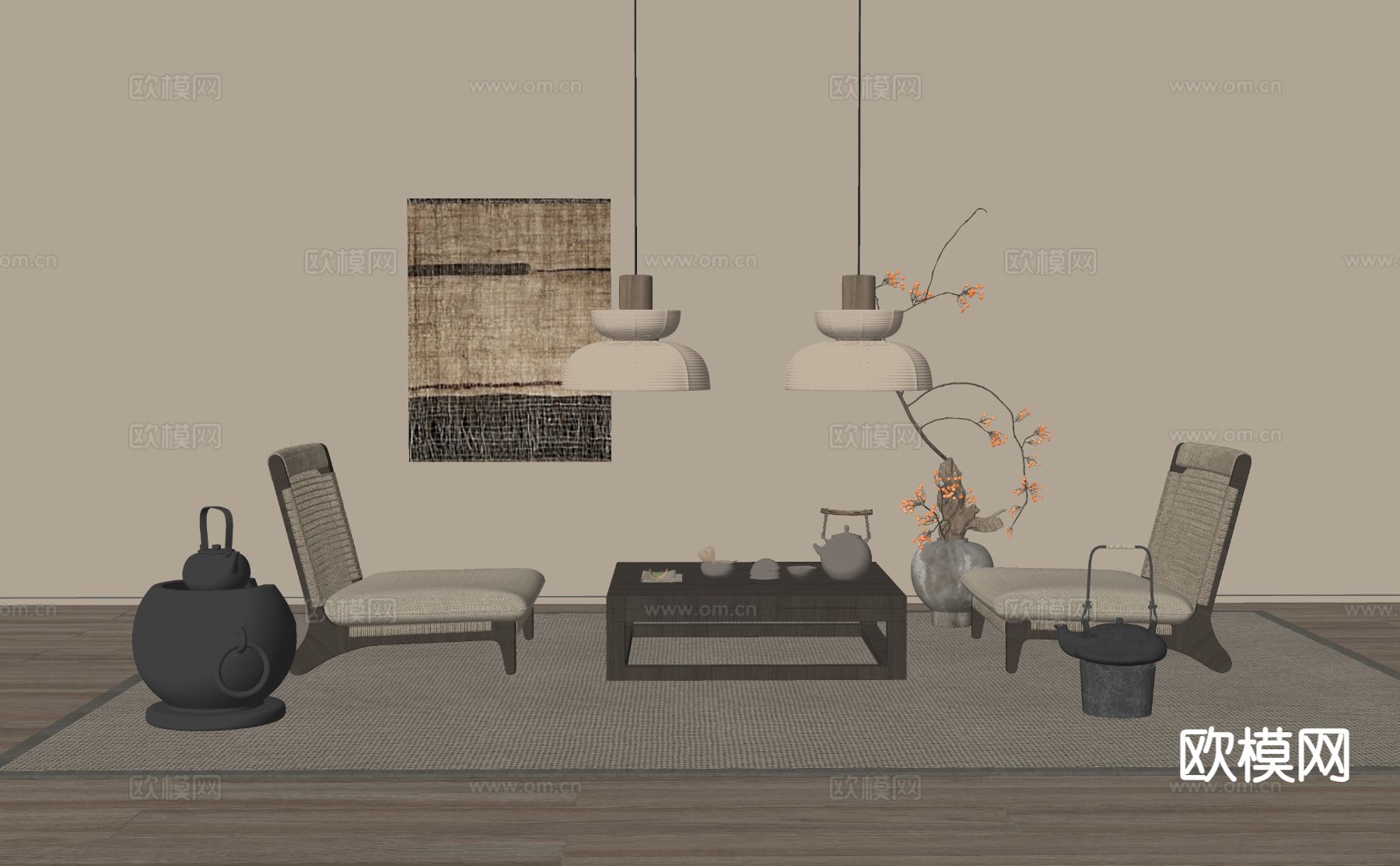 侘寂榻榻米茶桌椅 茶台su模型下载（渲染图1）