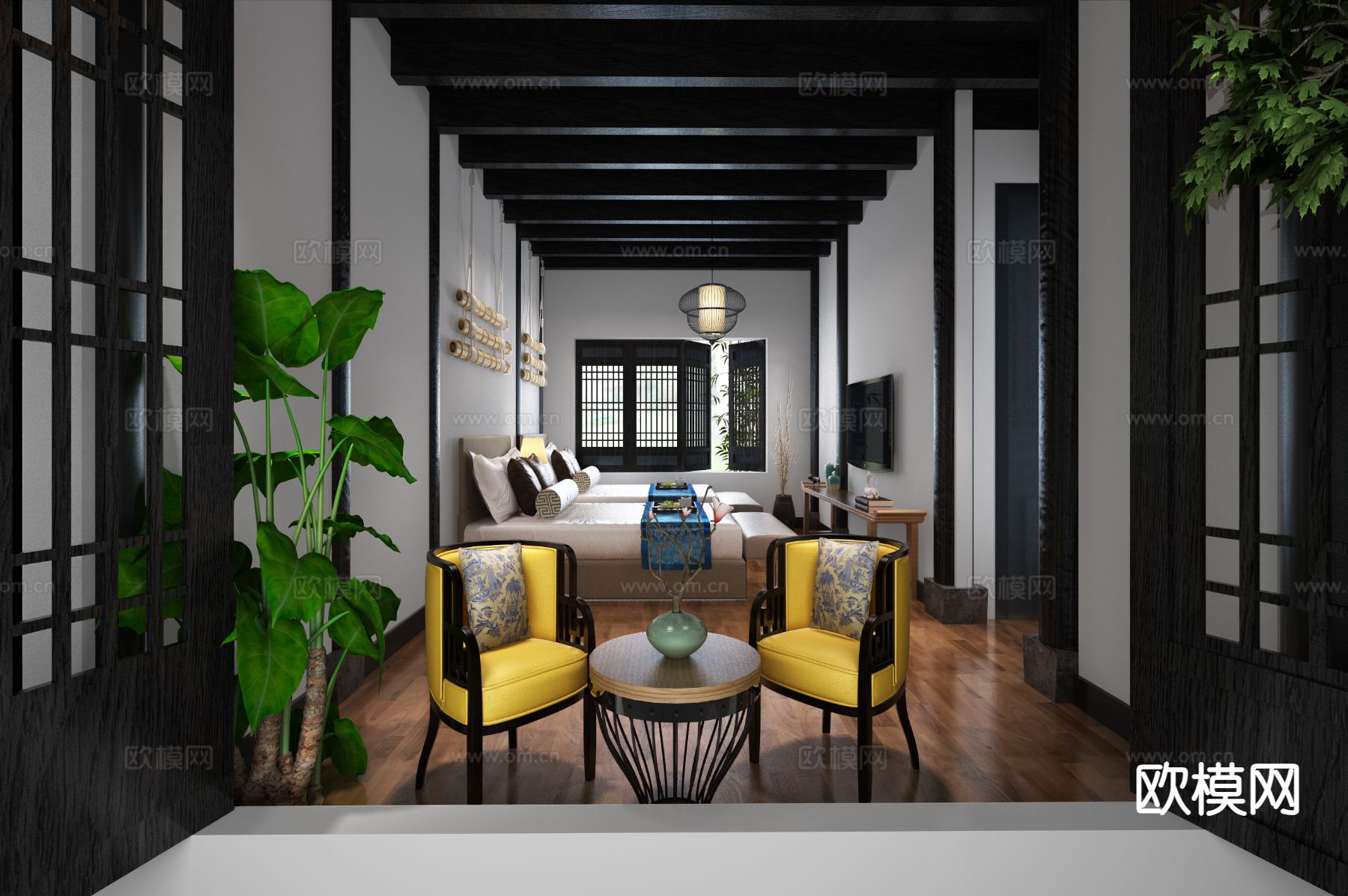 中式酒店标间 民宿双床房3d模型下载