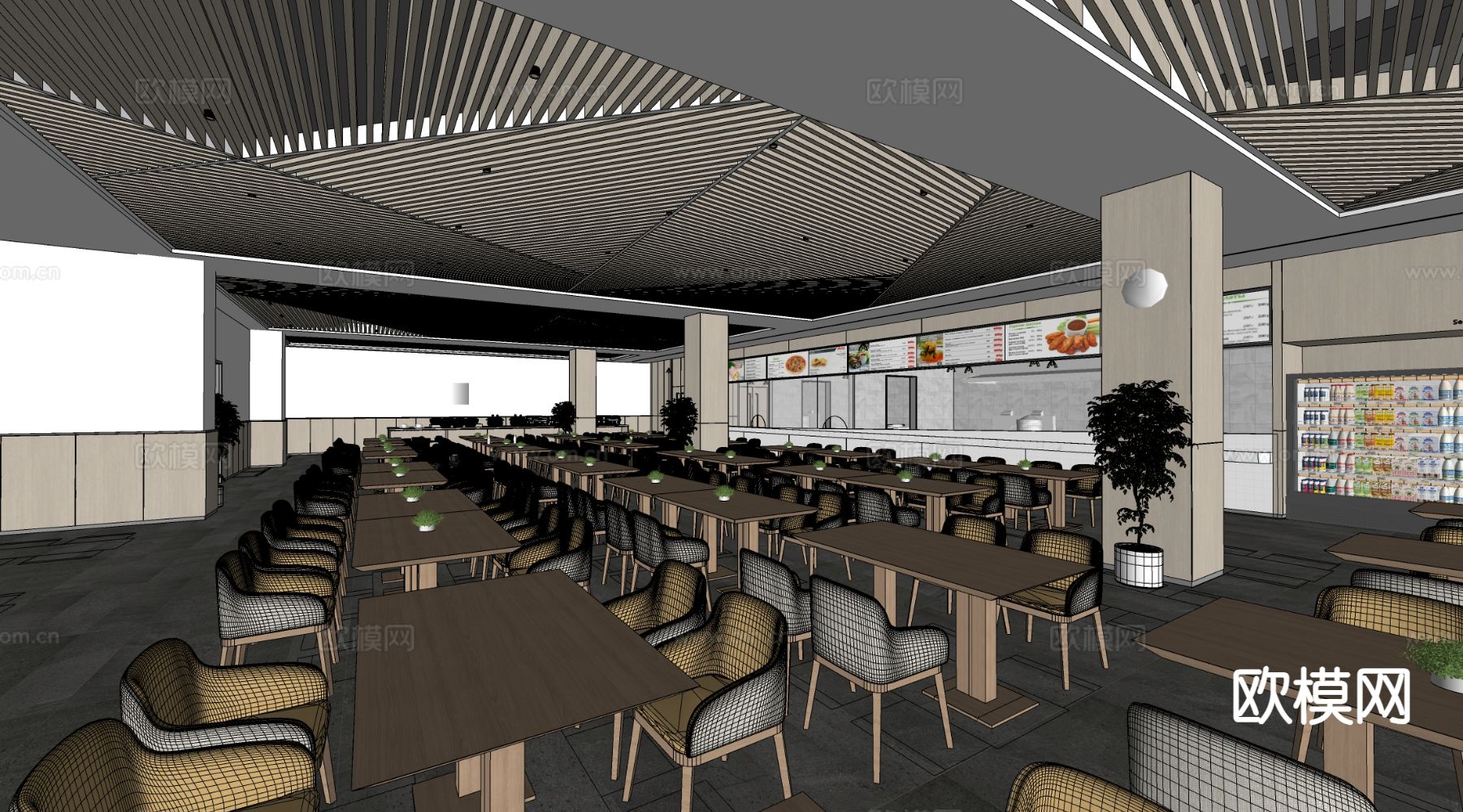 现代食堂 公司食堂su模型下载（渲染图1）