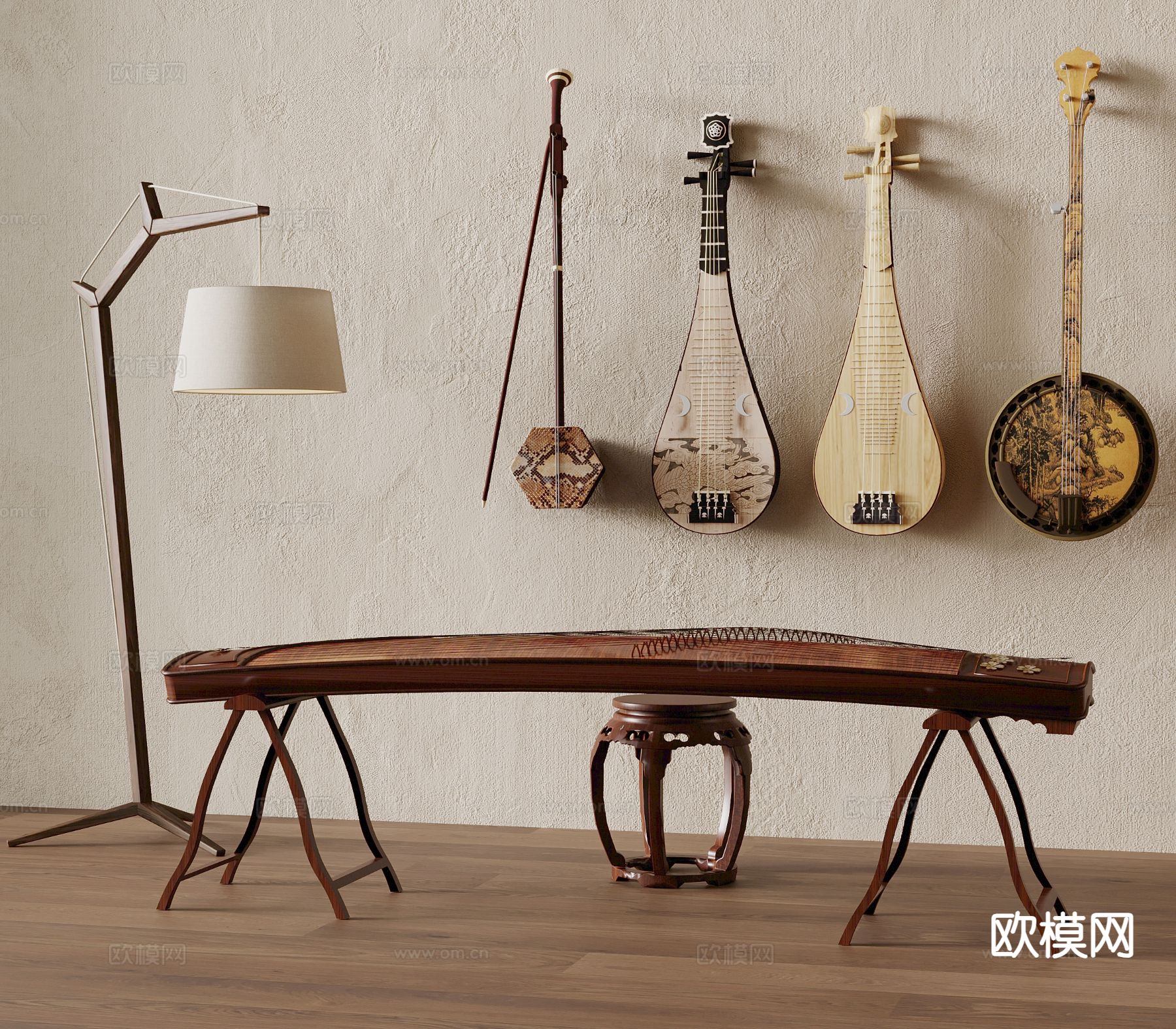 新中式古筝 琵琶 二胡su模型下载（渲染图2）
