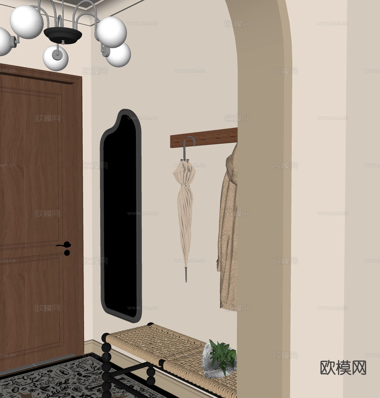 中古风镜子 全身镜 换鞋凳su模型下载（渲染图1）