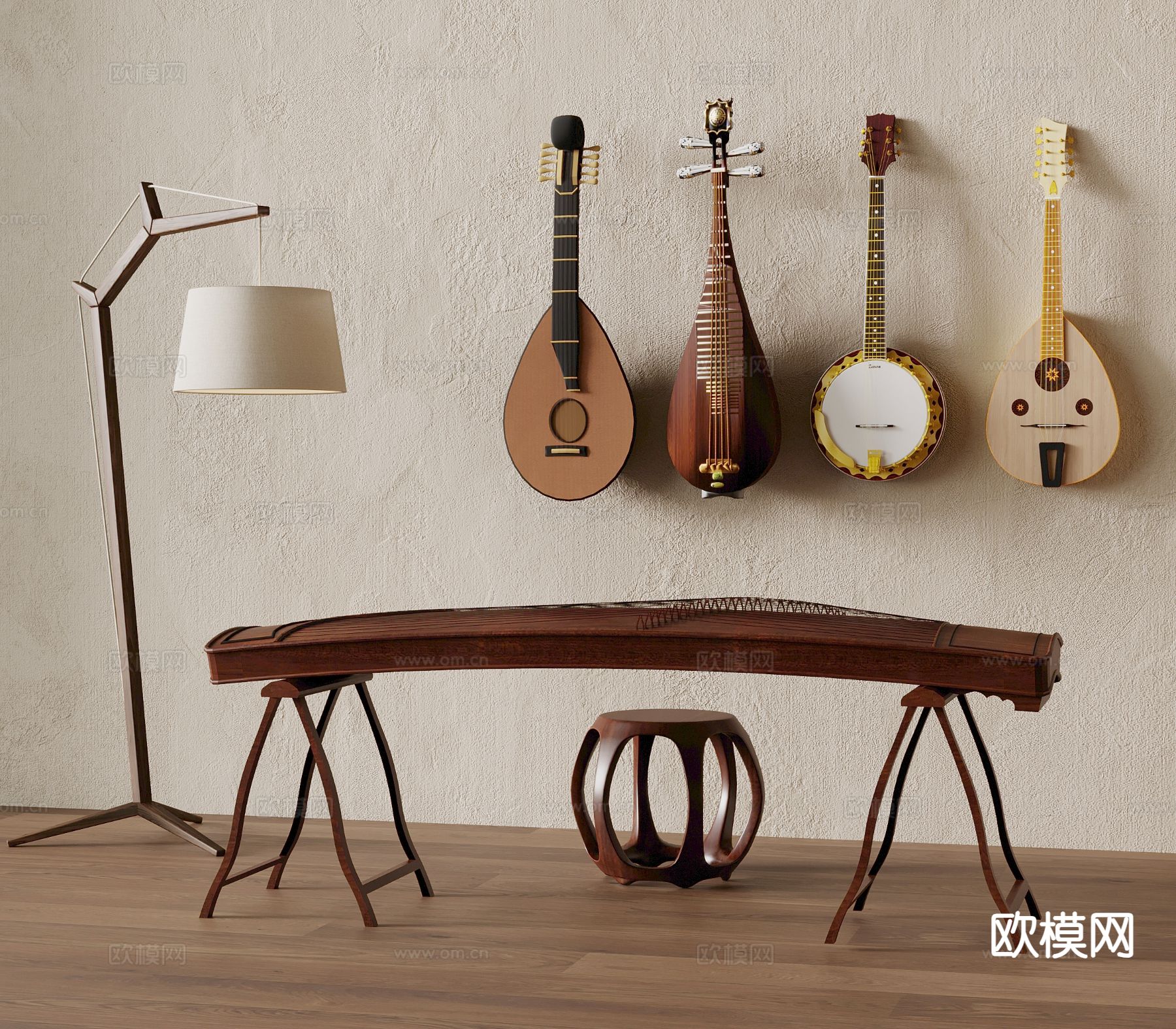 新中式古筝 琵琶su模型下载（渲染图2）