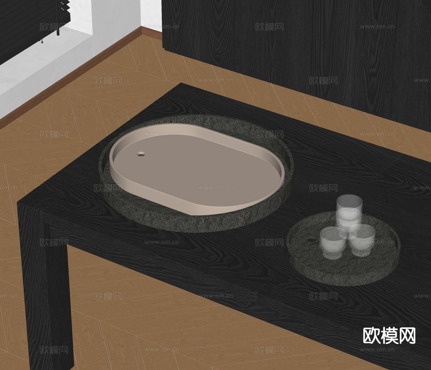 日式桌面摆件 水杯 茶盘su模型下载（渲染图1）