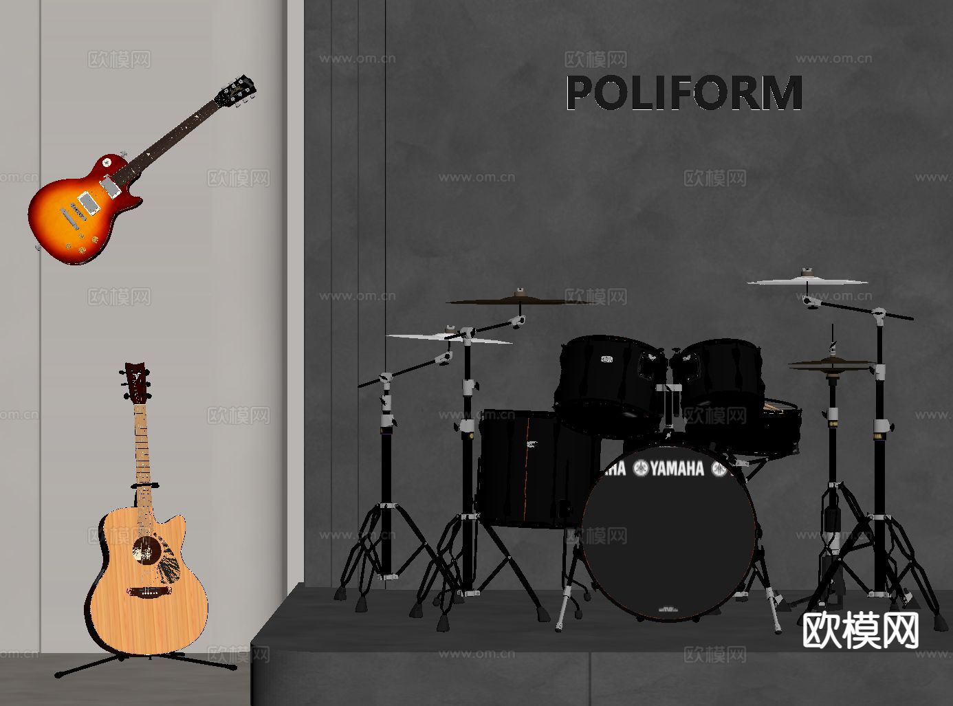 乐器 架子鼓 吉他su模型下载（渲染图1）