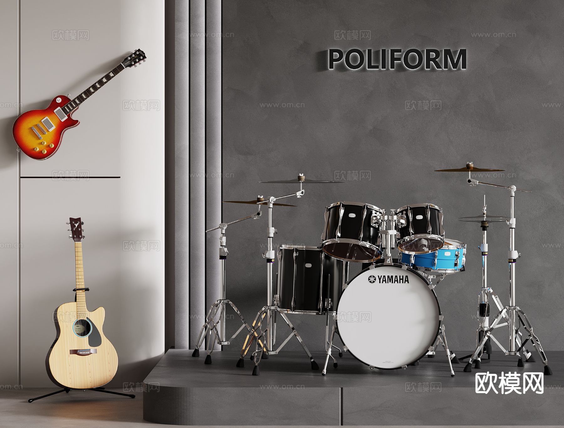 乐器 架子鼓 吉他su模型下载（渲染图2）
