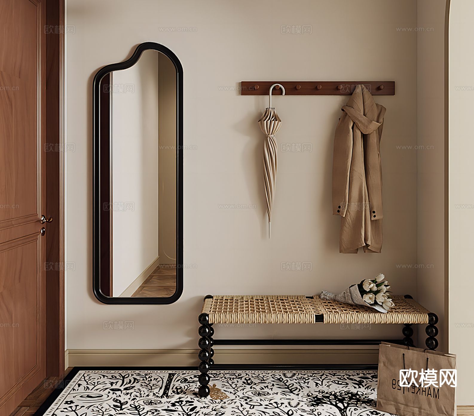 中古风镜子 全身镜 换鞋凳su模型下载（渲染图2）