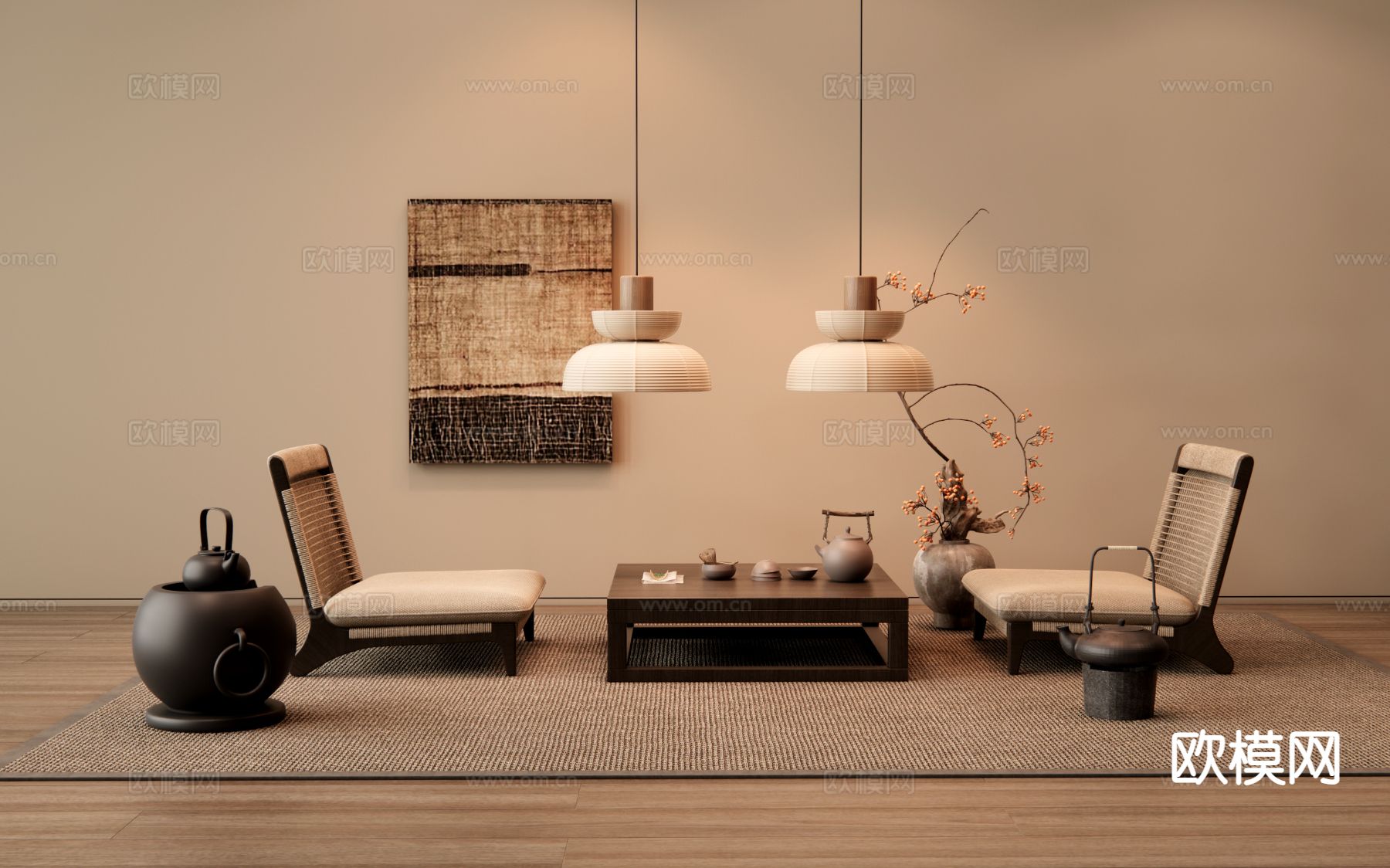 侘寂榻榻米茶桌椅 茶台su模型下载（渲染图2）