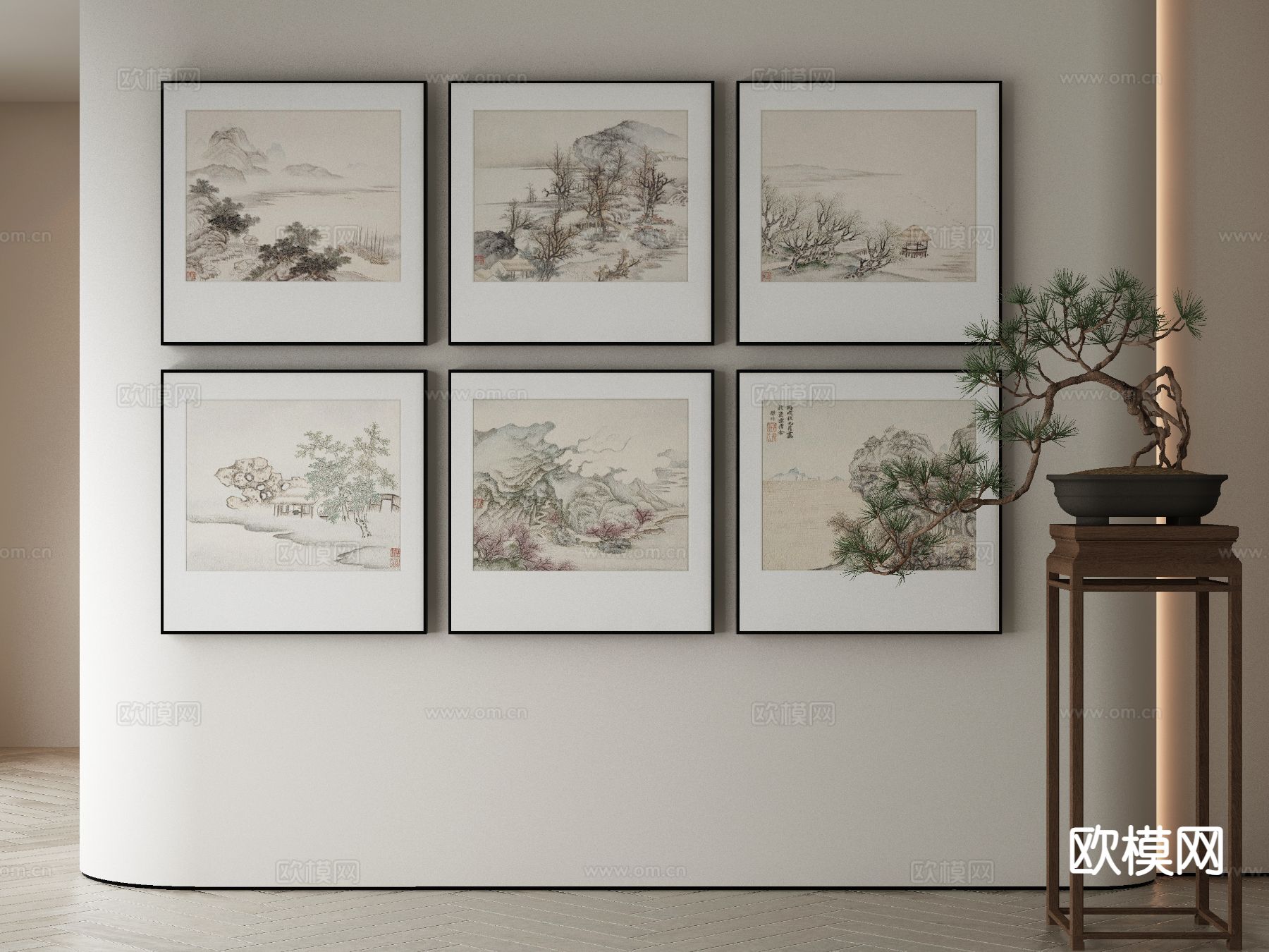 新中式装饰画 山水画 组合画3d模型