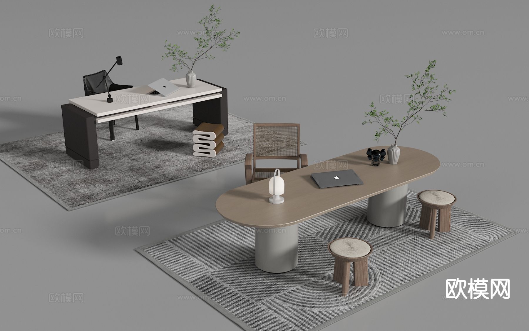 现代办公书桌 书桌椅su模型下载（渲染图2）