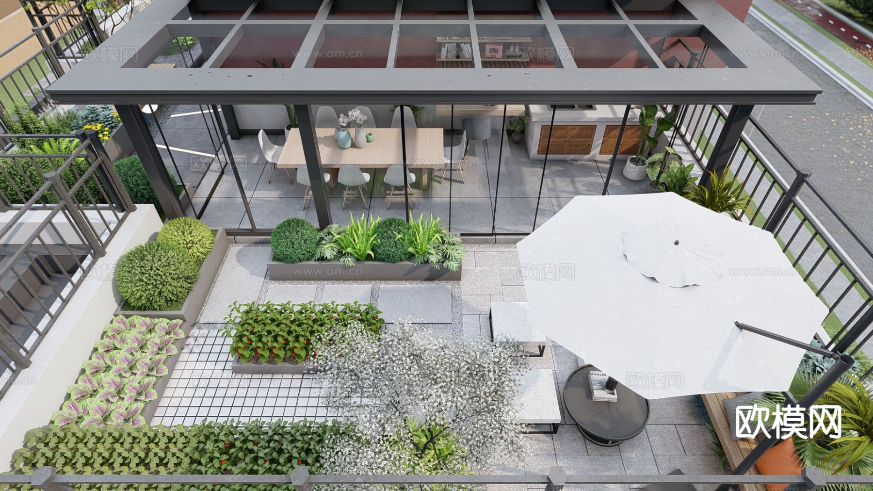 现代阳台 露台 屋顶花园su模型下载（渲染图6）