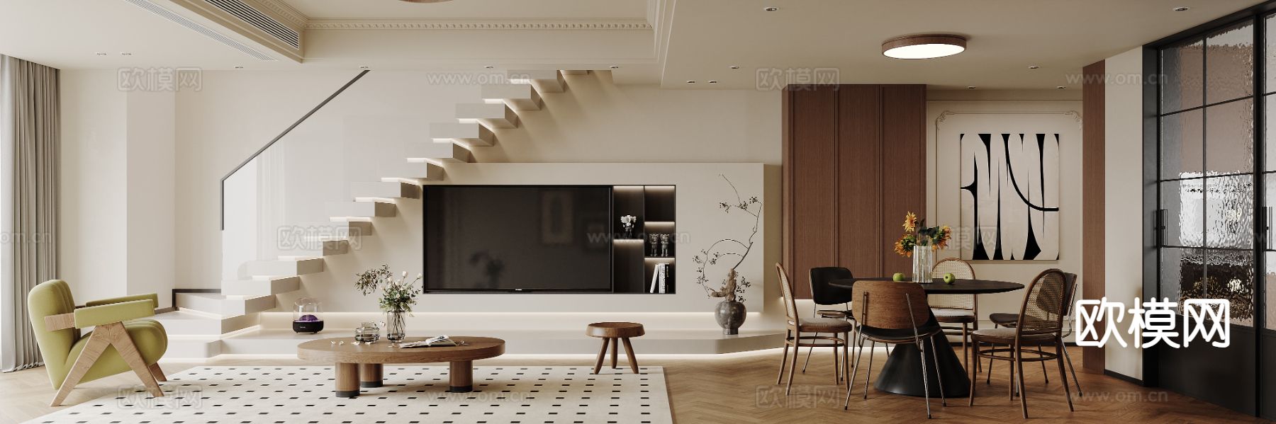 中古风客餐厅3d模型下载（渲染图2）