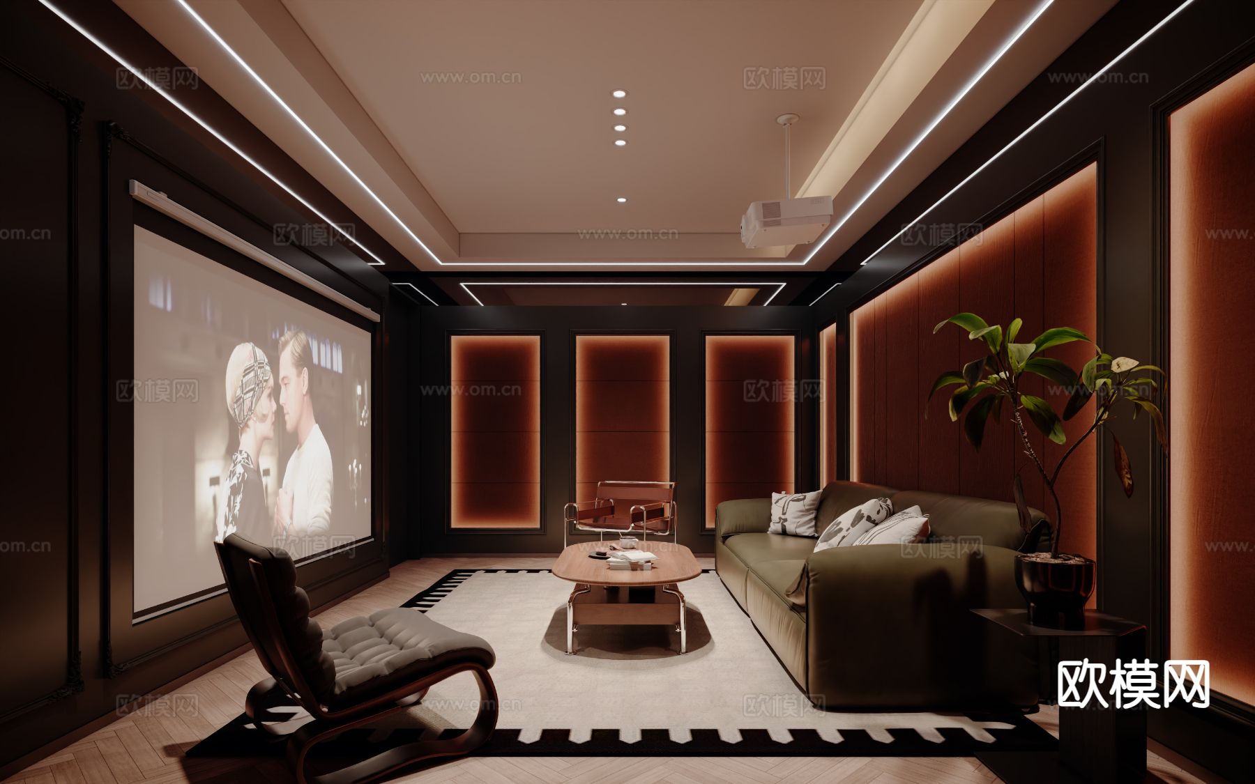 现代电影房 影音室su模型下载（渲染图2）