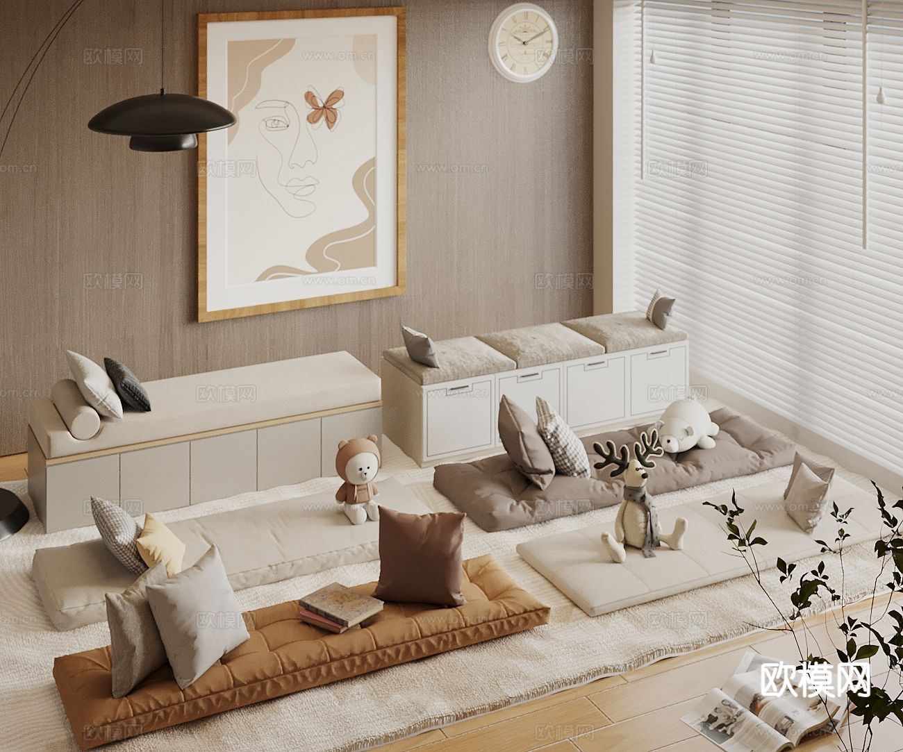 奶油风飘窗垫 飘窗柜 飘窗台 抱枕3d模型下载