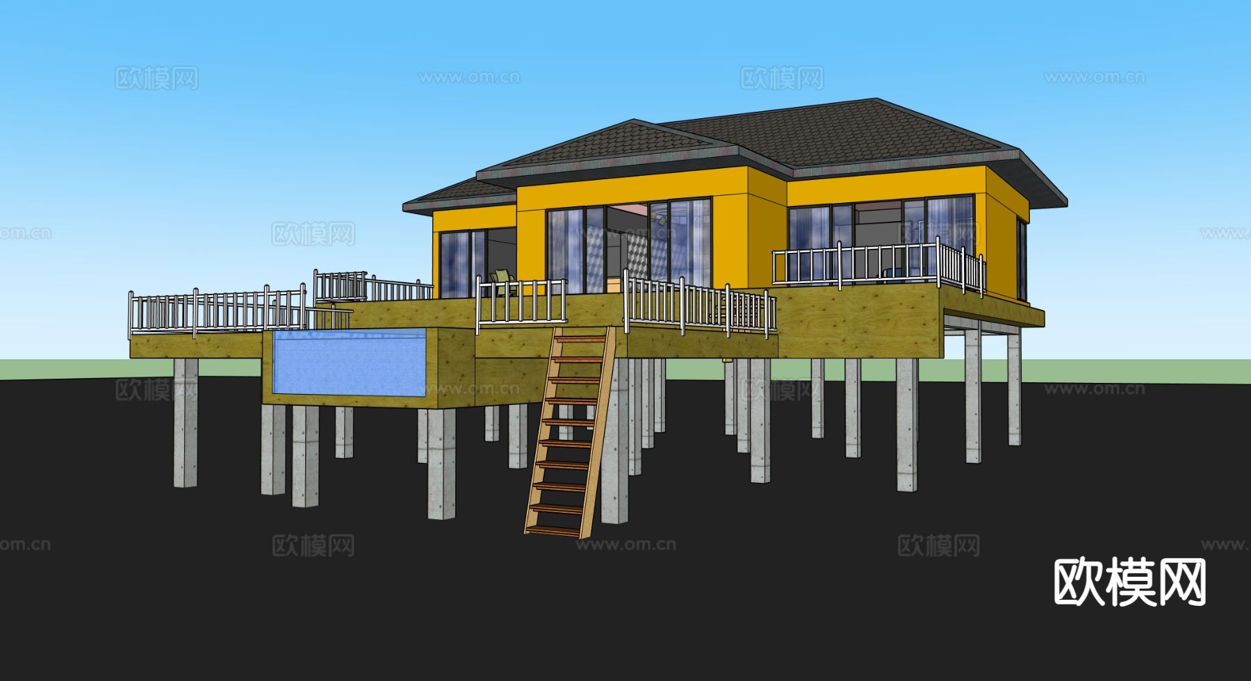 架空别墅外观su模型下载（渲染图1）