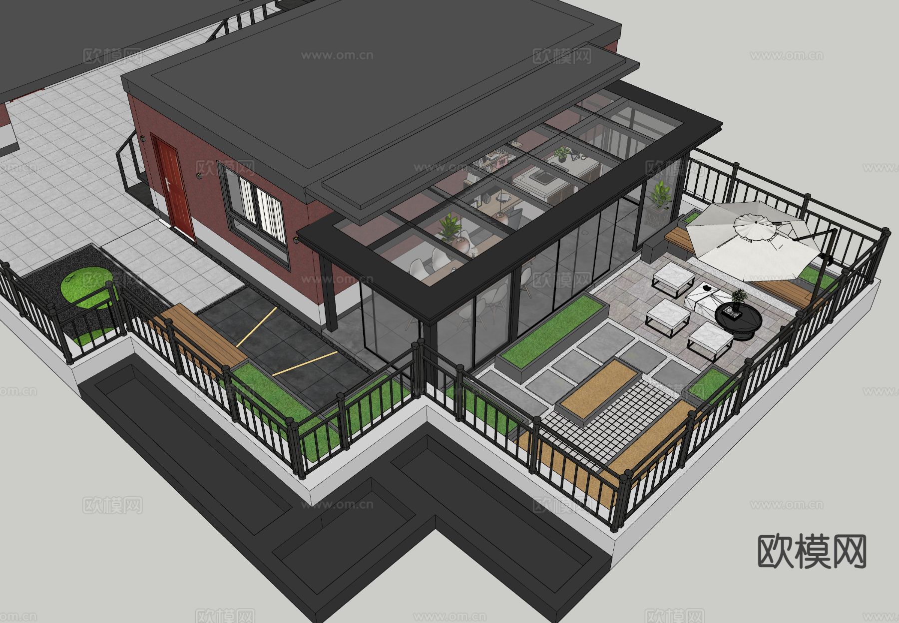 现代阳台 露台 屋顶花园su模型下载（渲染图1）