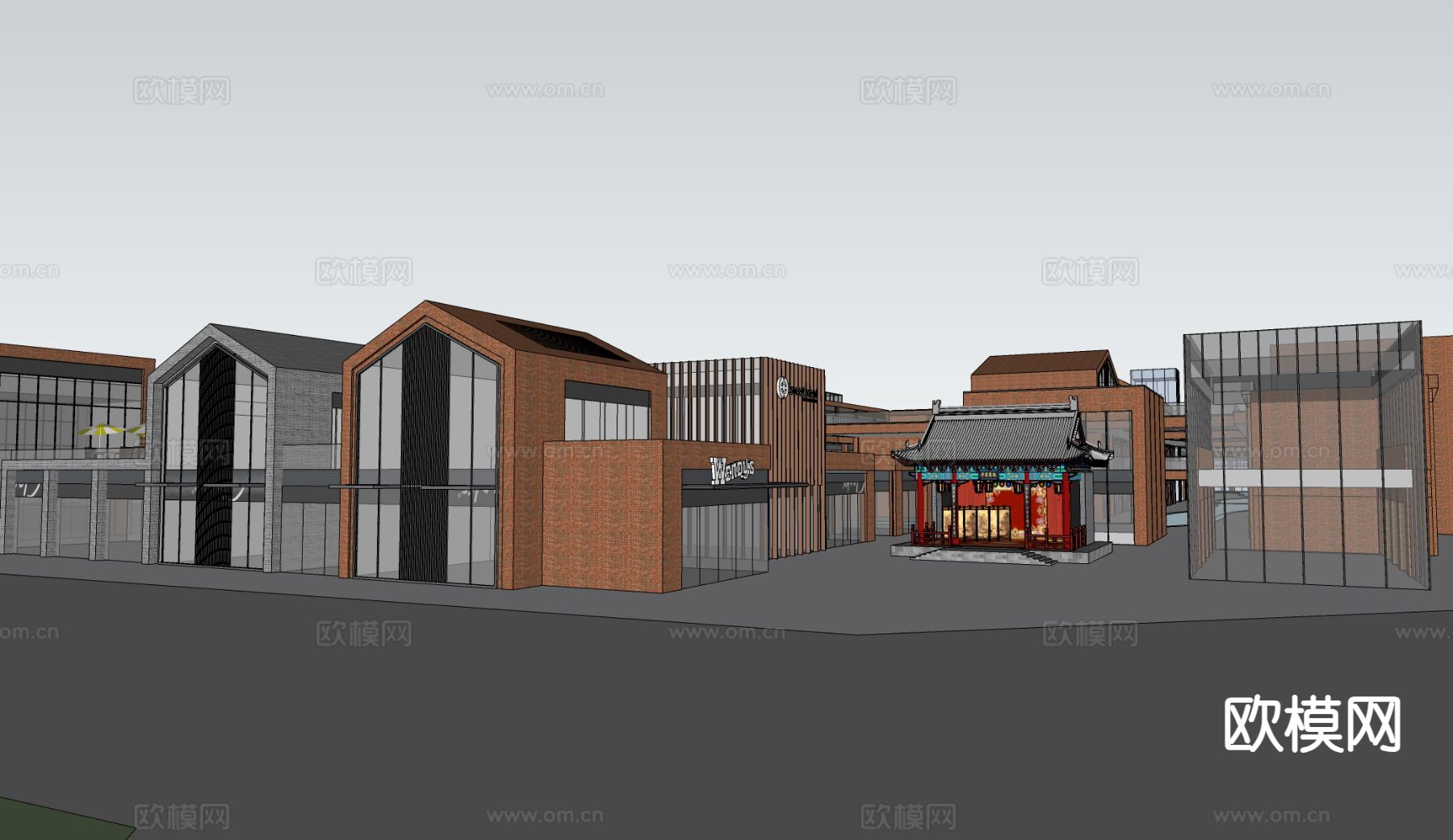 新中式商业街su模型下载（渲染图1）