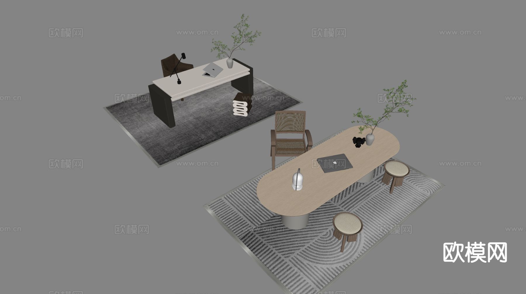 现代办公书桌 书桌椅su模型下载（渲染图1）