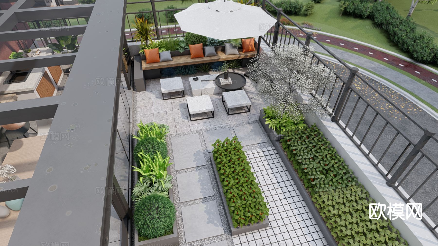 现代阳台 露台 屋顶花园su模型下载（渲染图5）