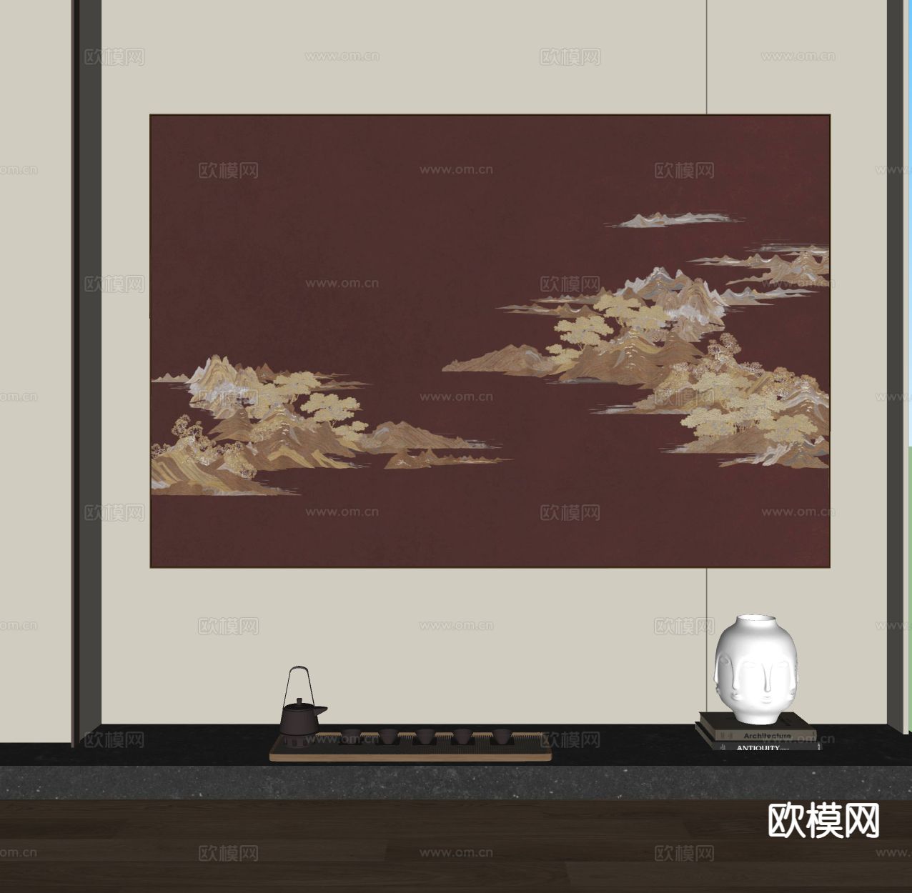 新中式肌理画 装饰画 挂画su模型下载（渲染图1）
