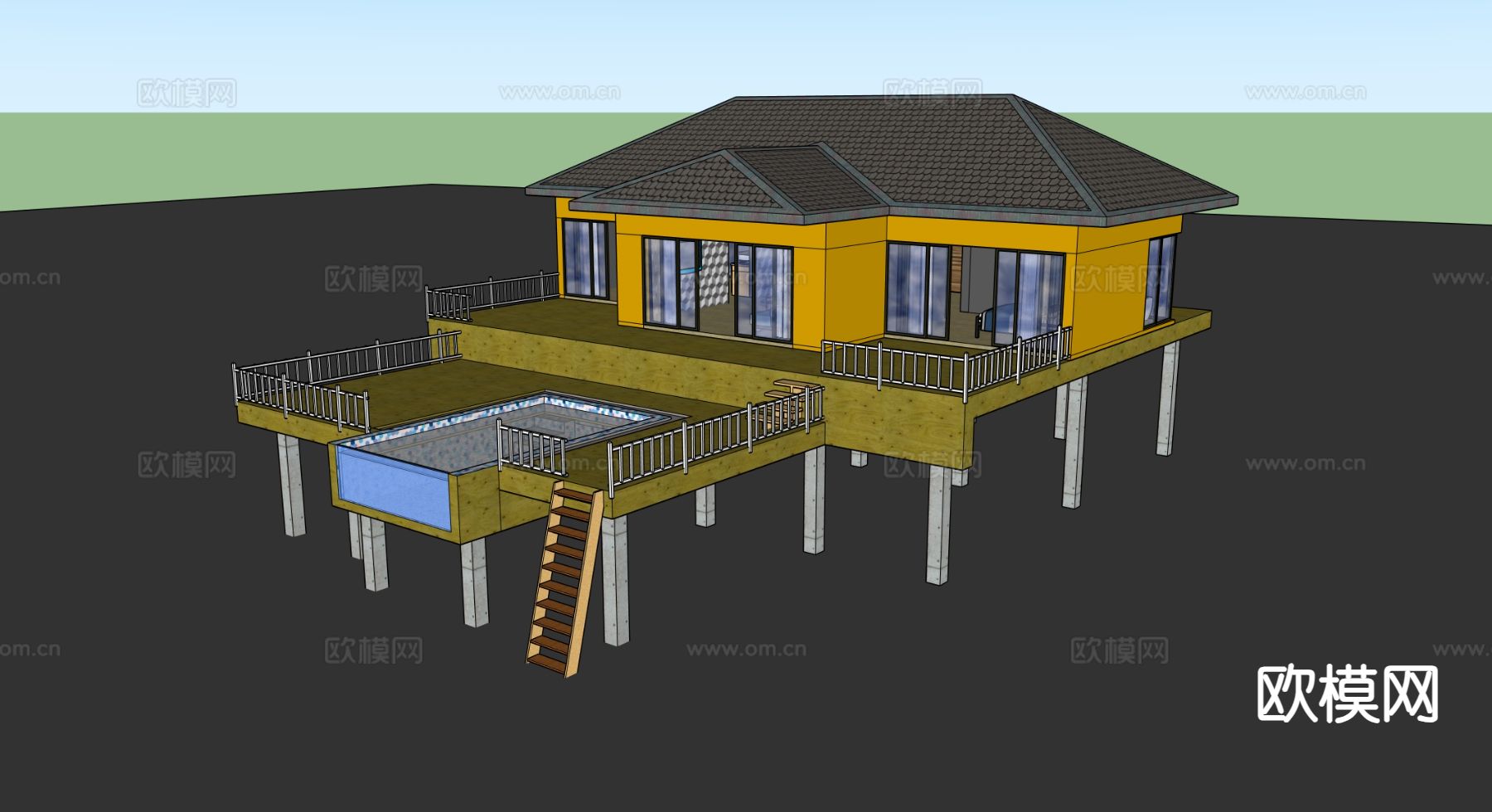 架空别墅外观su模型下载（渲染图2）