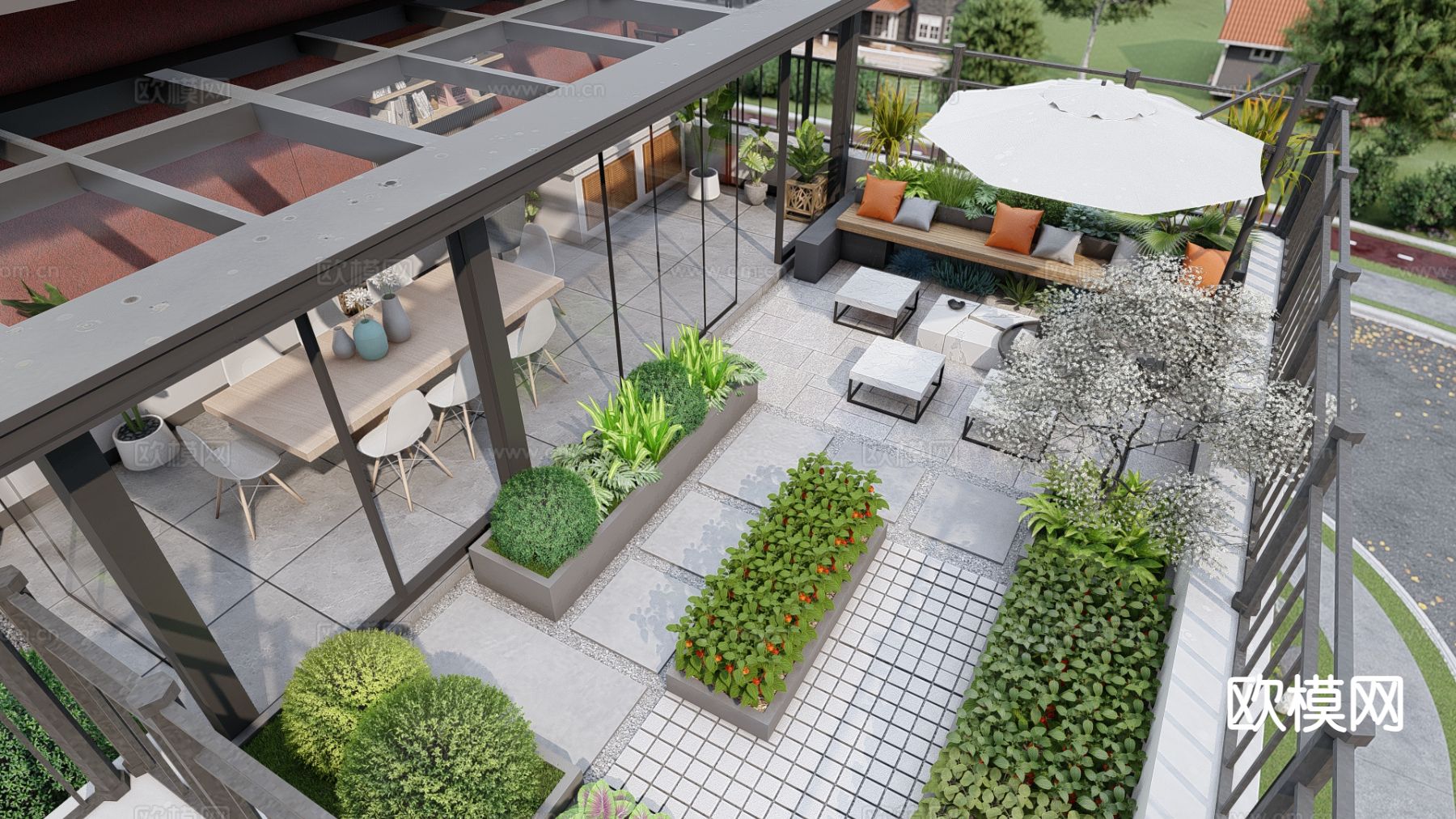 现代阳台 露台 屋顶花园su模型下载（渲染图3）