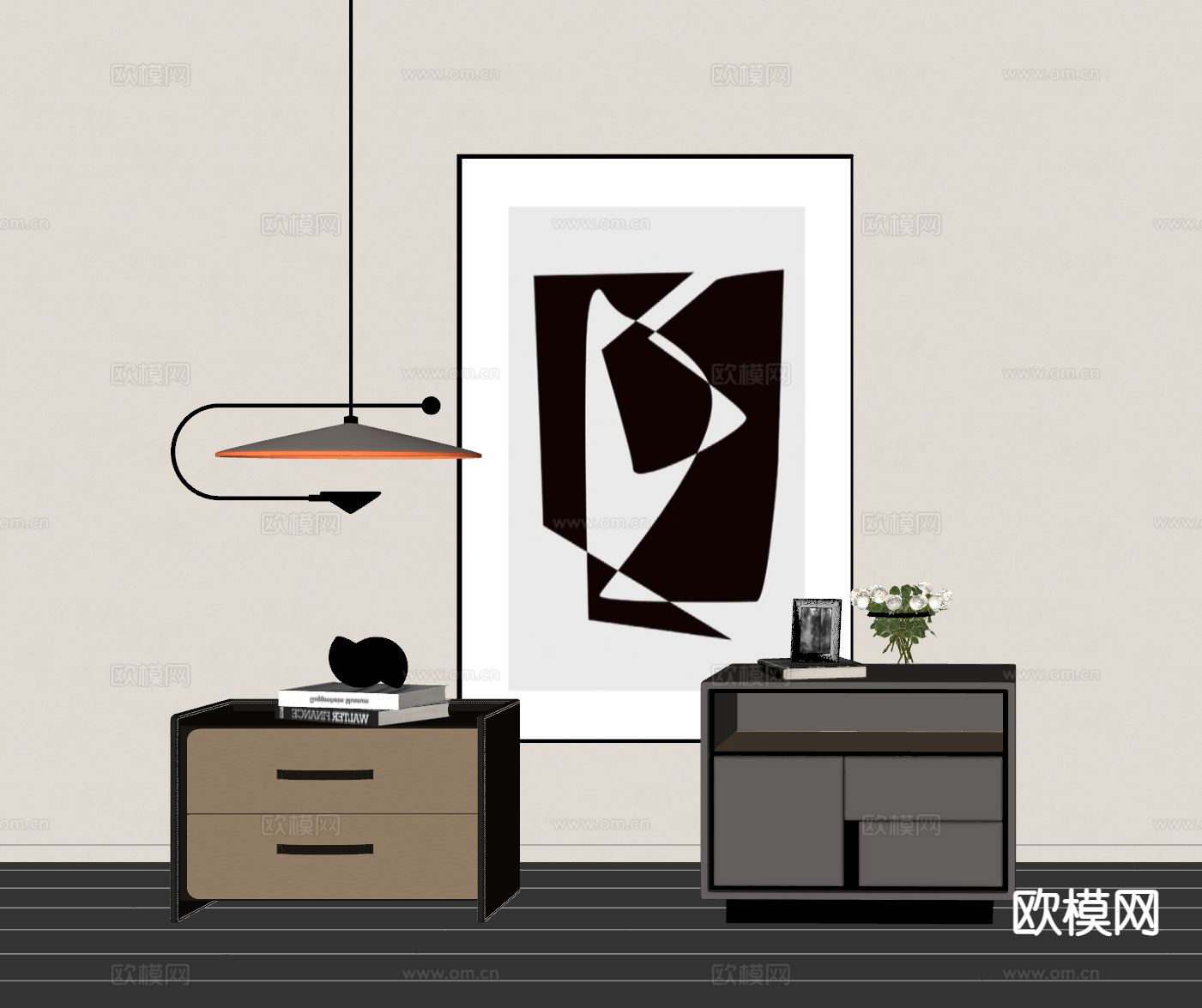 中古风床头柜su模型下载（渲染图1）