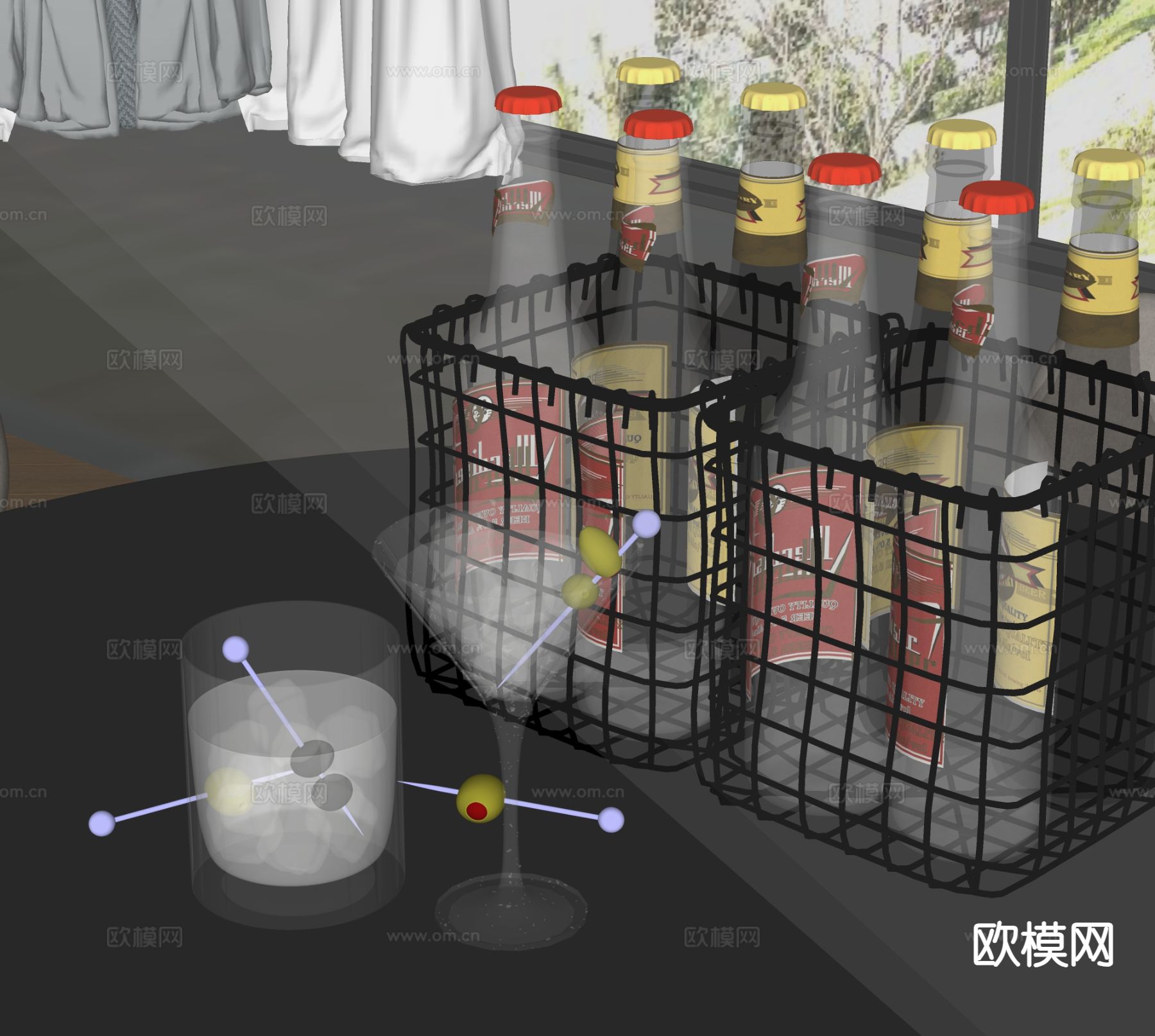 酒水 酒瓶 酒杯 铁艺架su模型下载（渲染图1）