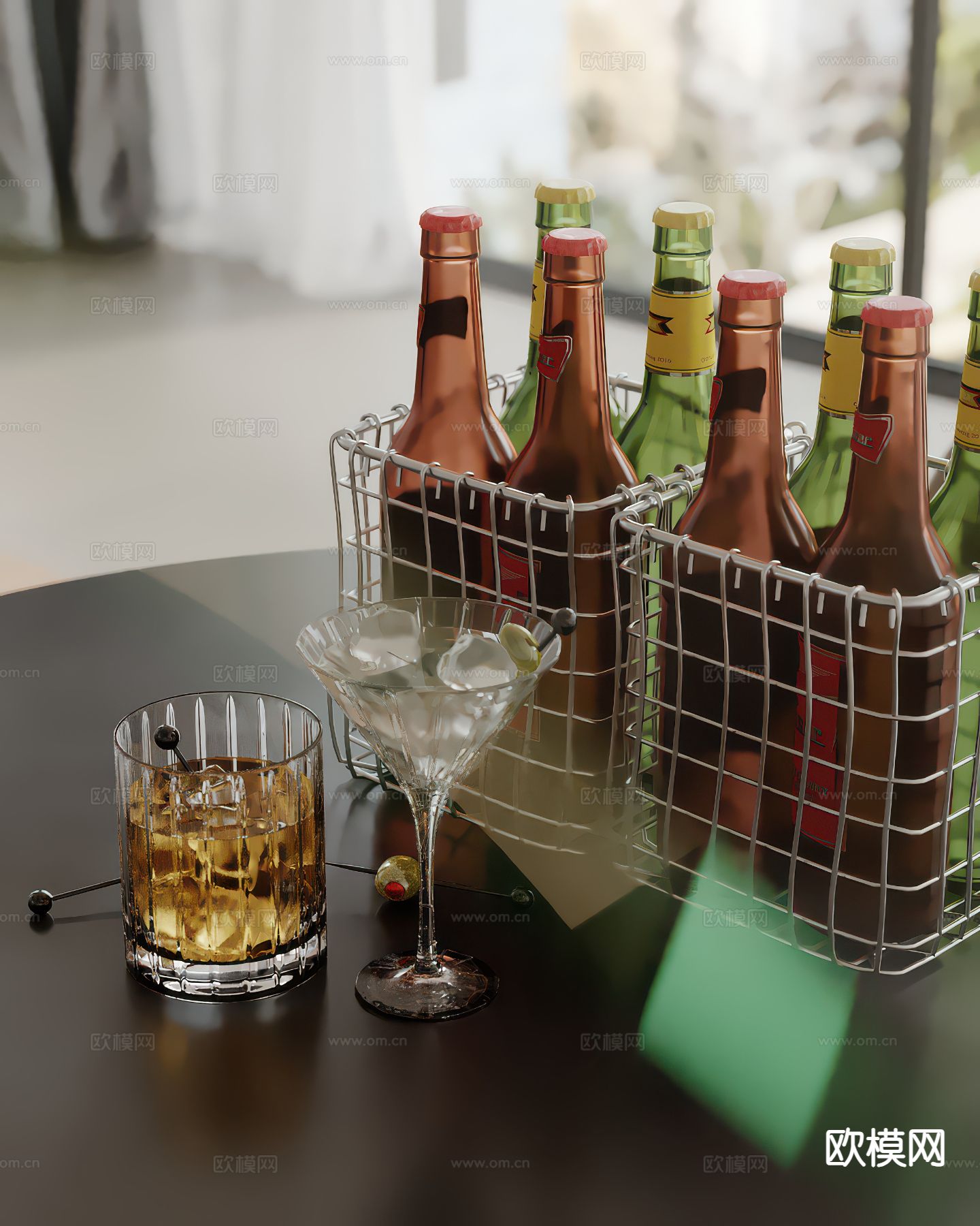 酒水 酒瓶 酒杯 铁艺架su模型下载（渲染图2）