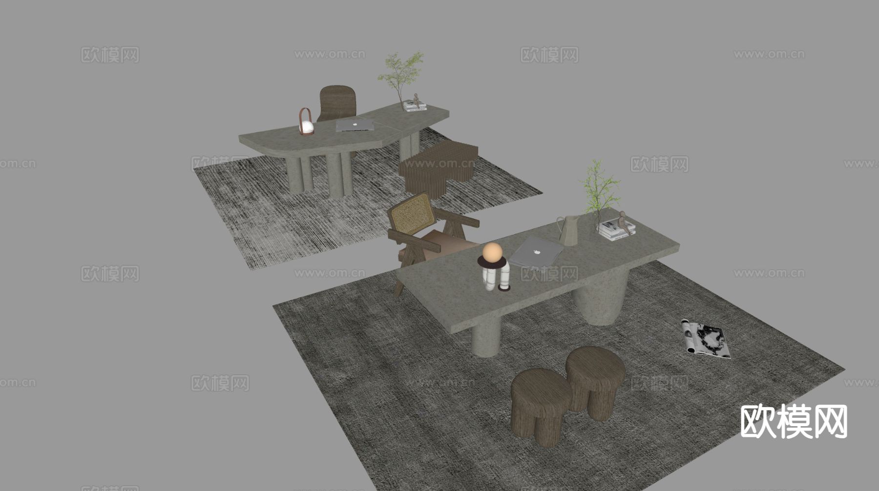 现代办公书桌 书桌椅su模型下载（渲染图1）