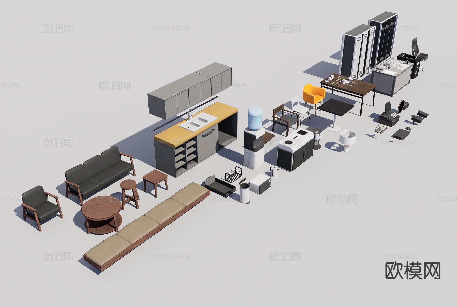 现代办公桌 文件柜 办公沙发 办公用品3d模型下载（渲染图1）