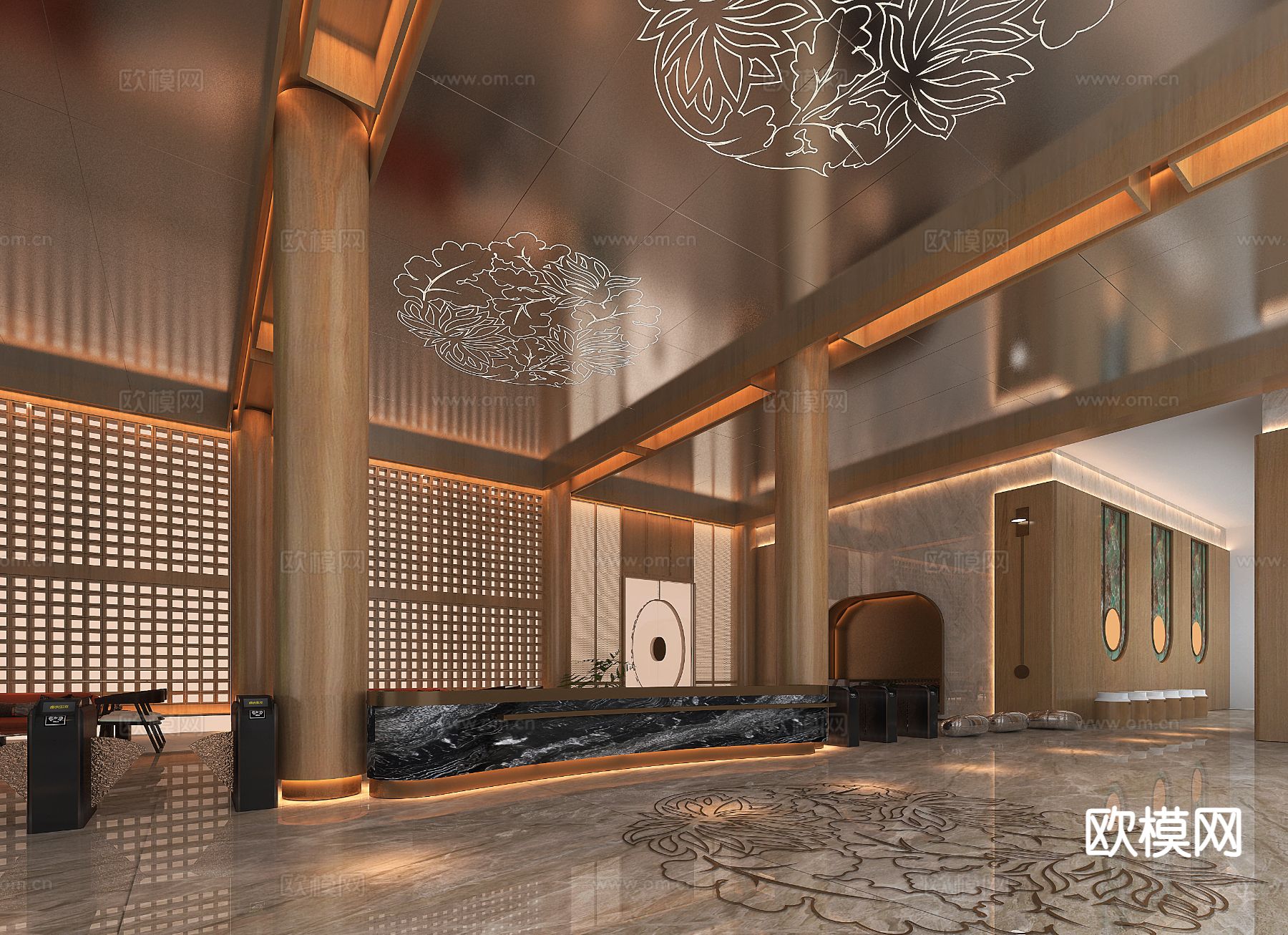 中古风酒店大堂3d模型下载