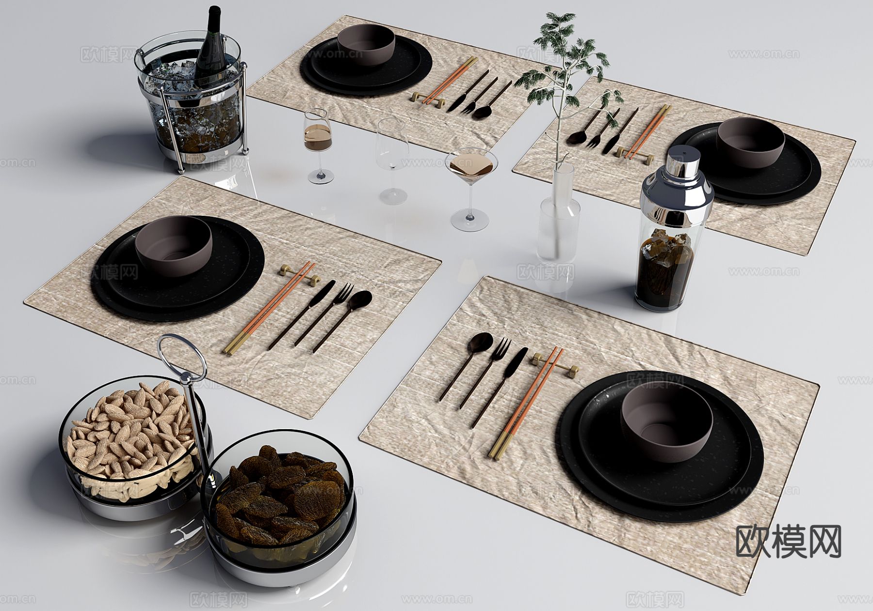 餐具摆件 筷子 餐布 酒杯su模型下载（渲染图2）