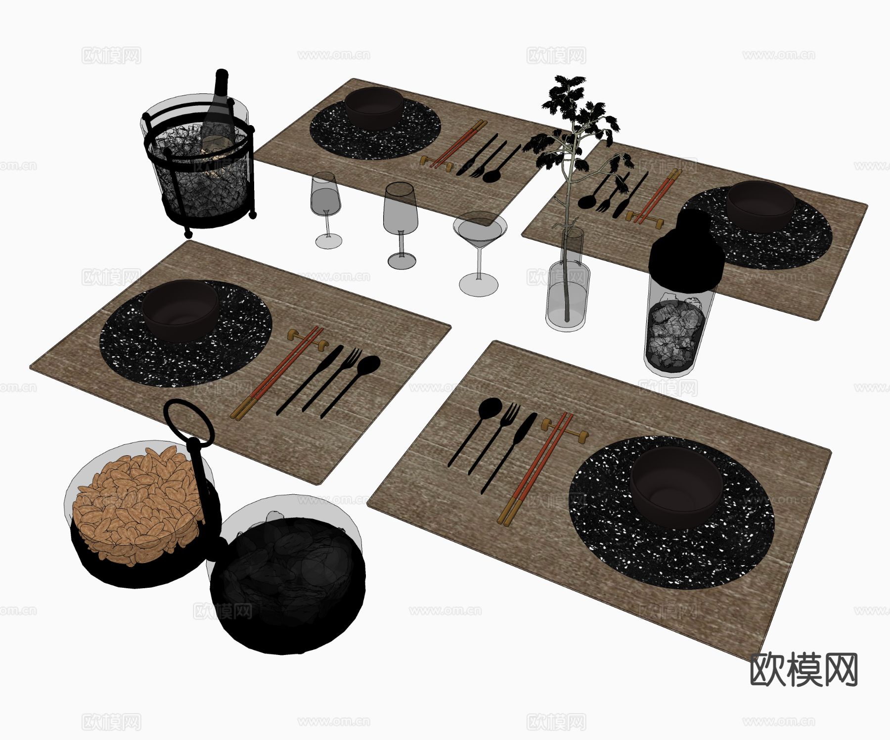 餐具摆件 筷子 餐布 酒杯su模型下载（渲染图1）