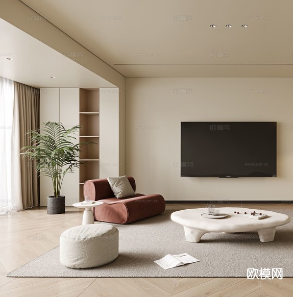 奶油风客厅3d模型下载(渲染图3)