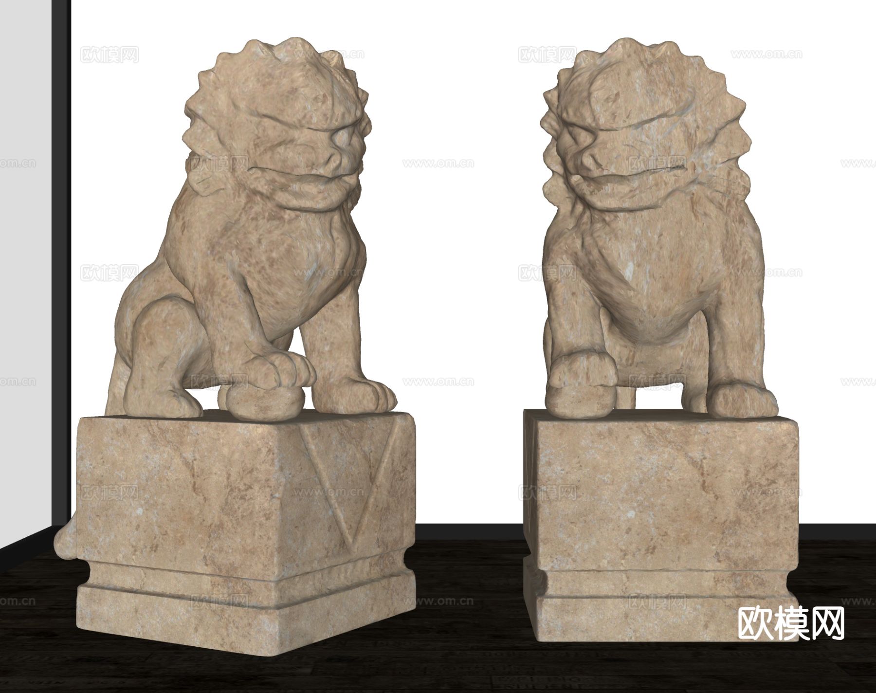 中古风石狮雕塑su模型下载（渲染图1）