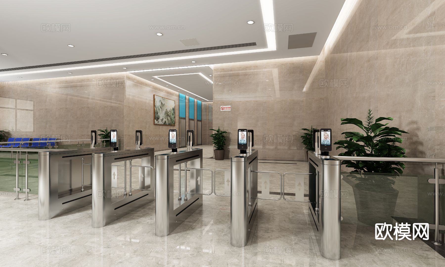 现代办公楼电梯厅3d模型下载（渲染图1）