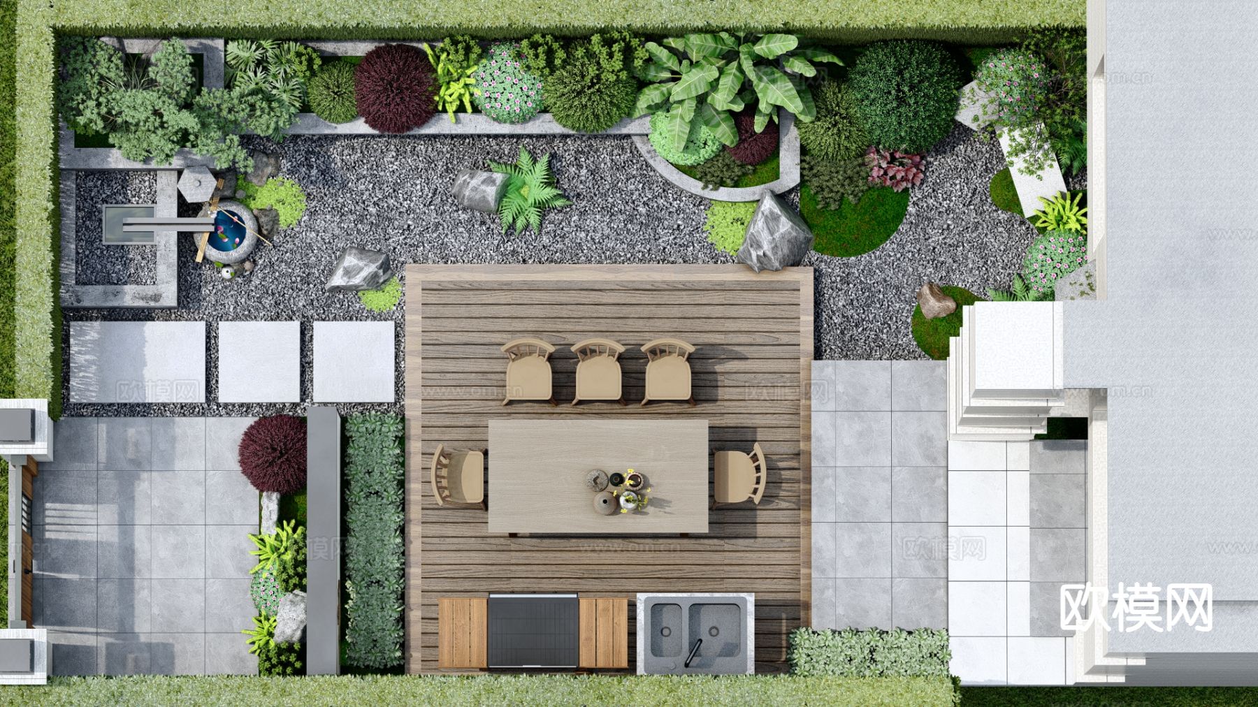 中式庭院花园su模型下载（渲染图2）