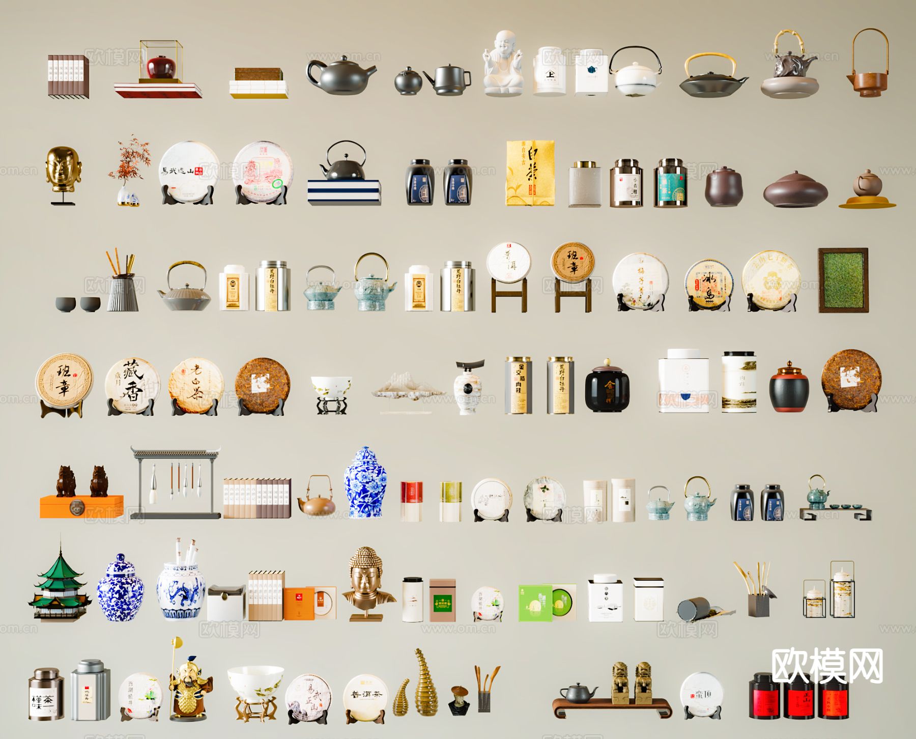新中式茶具 茶叶 茶饼 茶壶su模型下载（渲染图2）
