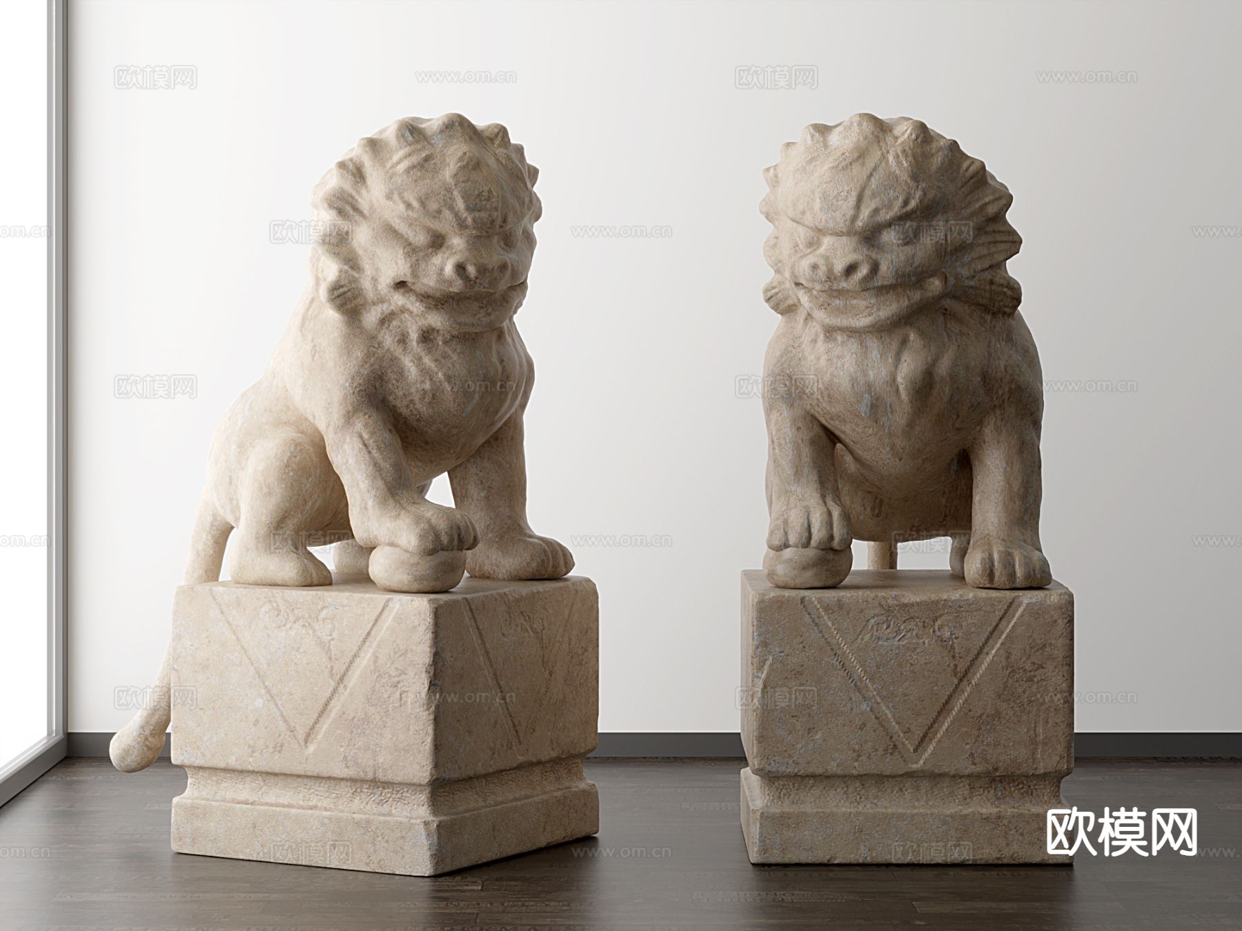 中古风石狮雕塑su模型下载（渲染图2）