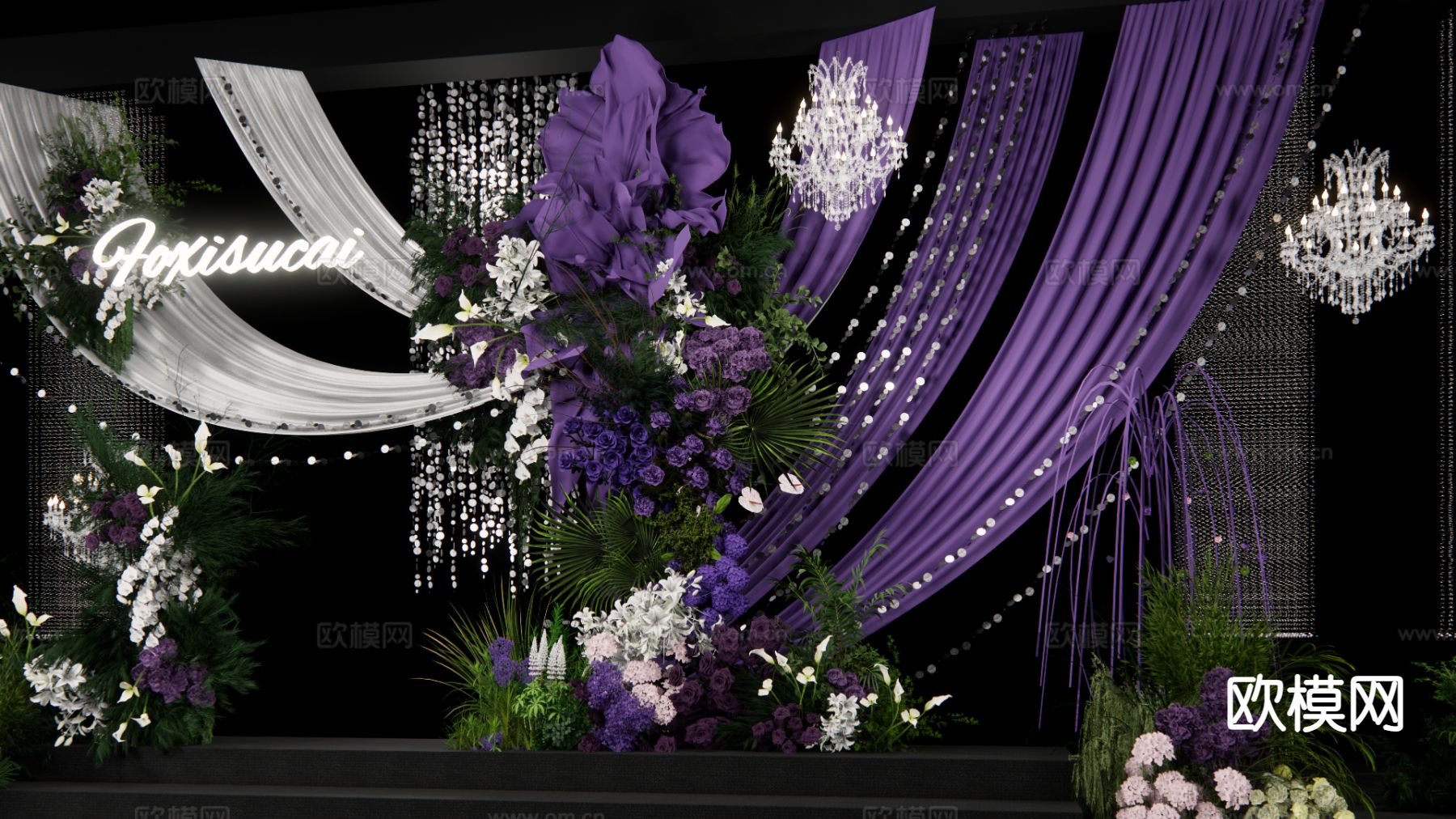 小众紫色布幔 自然系花艺婚礼su模型下载（渲染图2）