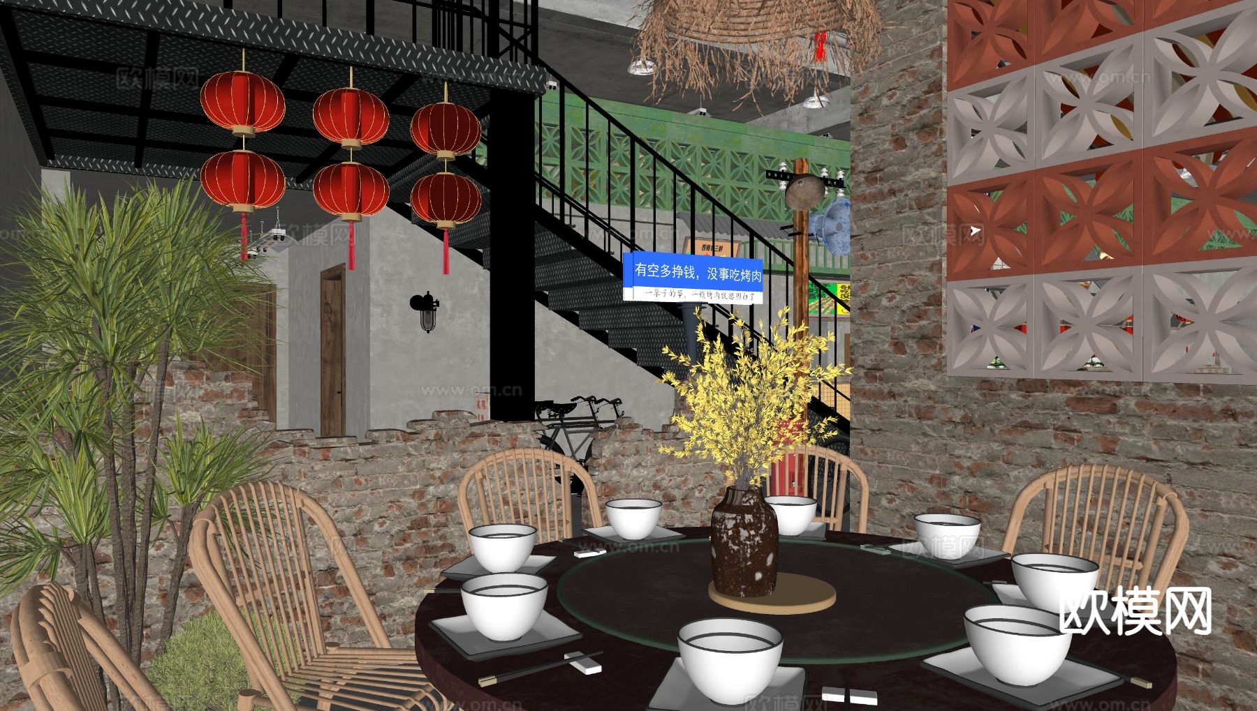 民国风茶餐厅su模型下载（渲染图1）