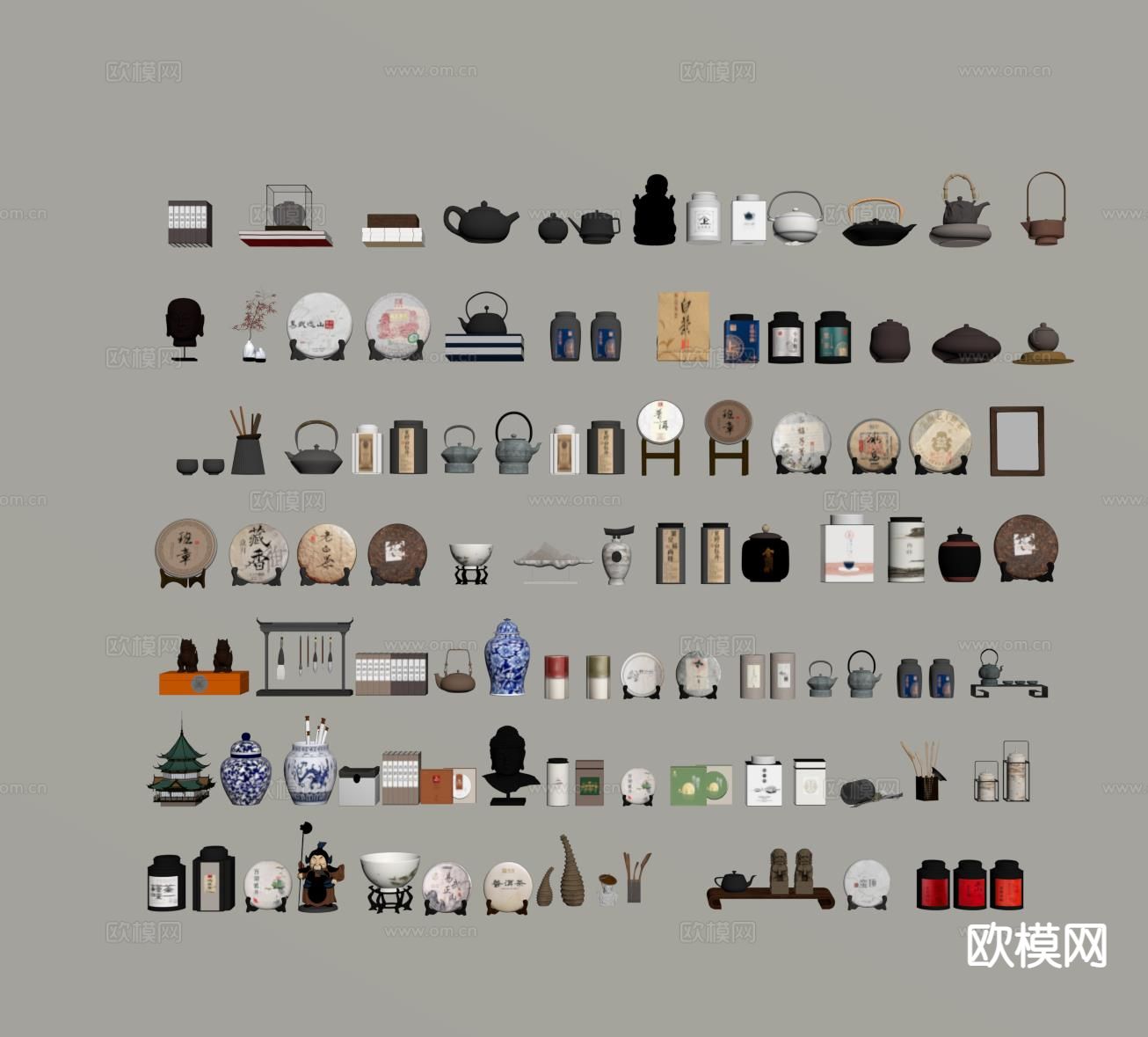 新中式茶具 茶叶 茶饼 茶壶su模型下载（渲染图1）