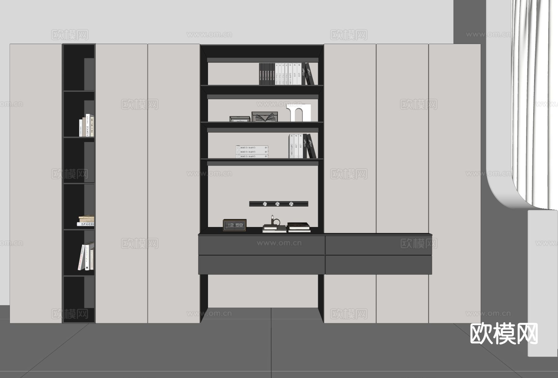 现代书柜 书架 书桌一体柜su模型下载（渲染图1）