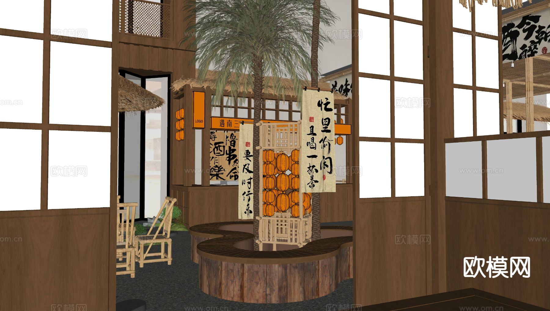 新中式餐厅包厢 茶馆su模型下载（渲染图1）